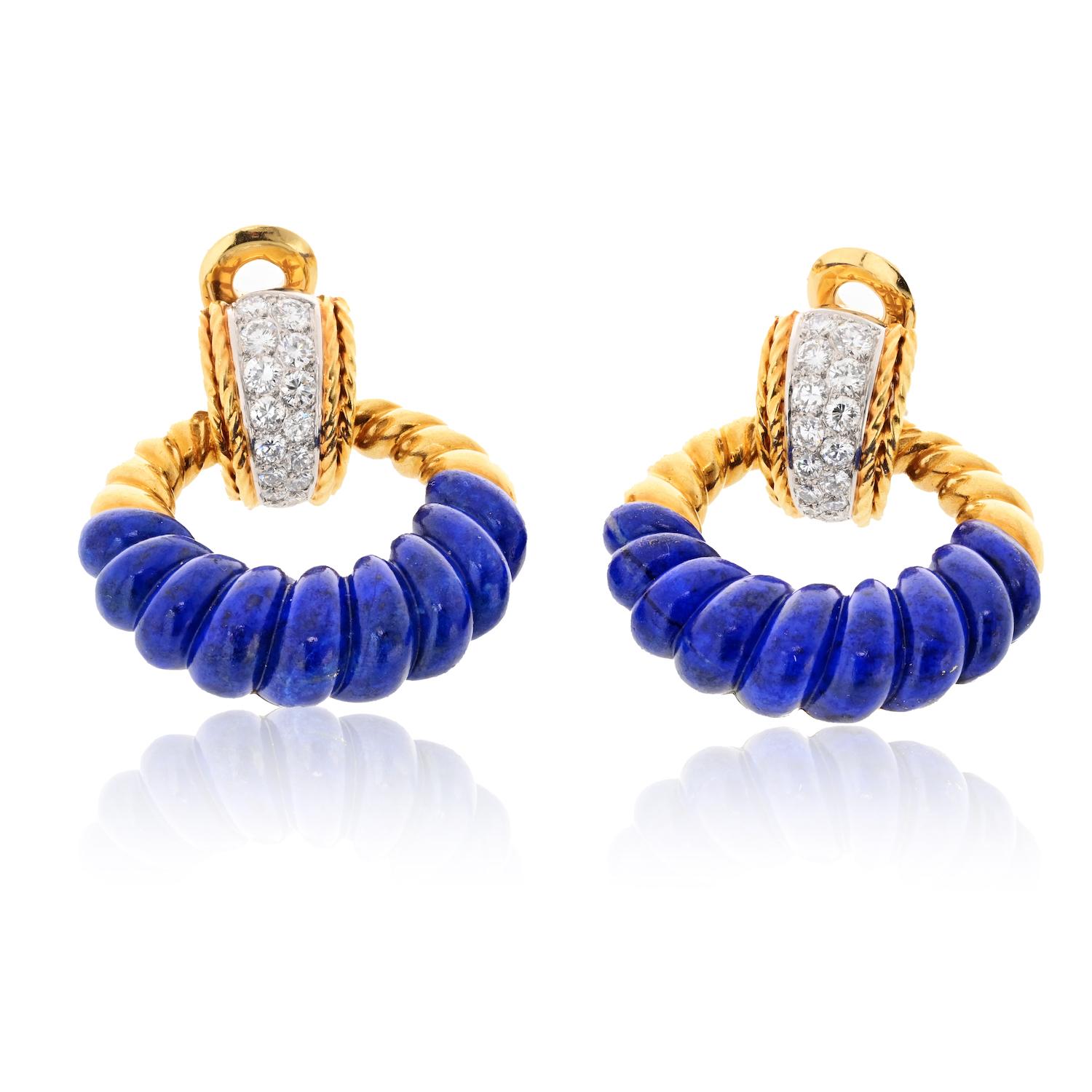Fred Of Paris Lapis, 18K Yellow Gold Malachite Door Knocker Hoop Earrings 1