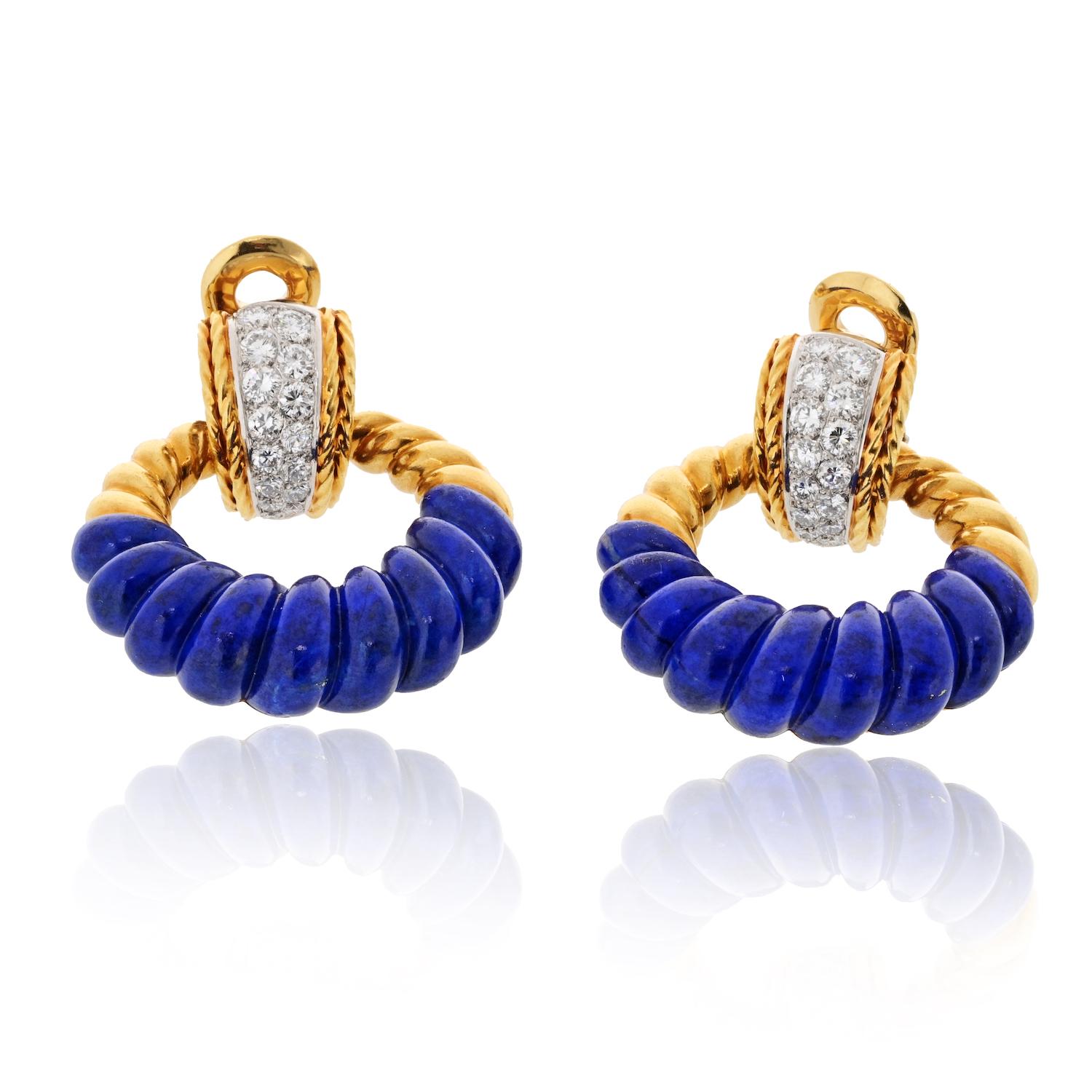 Fred Of Paris Lapis, 18K Yellow Gold Malachite Door Knocker Hoop Earrings 2