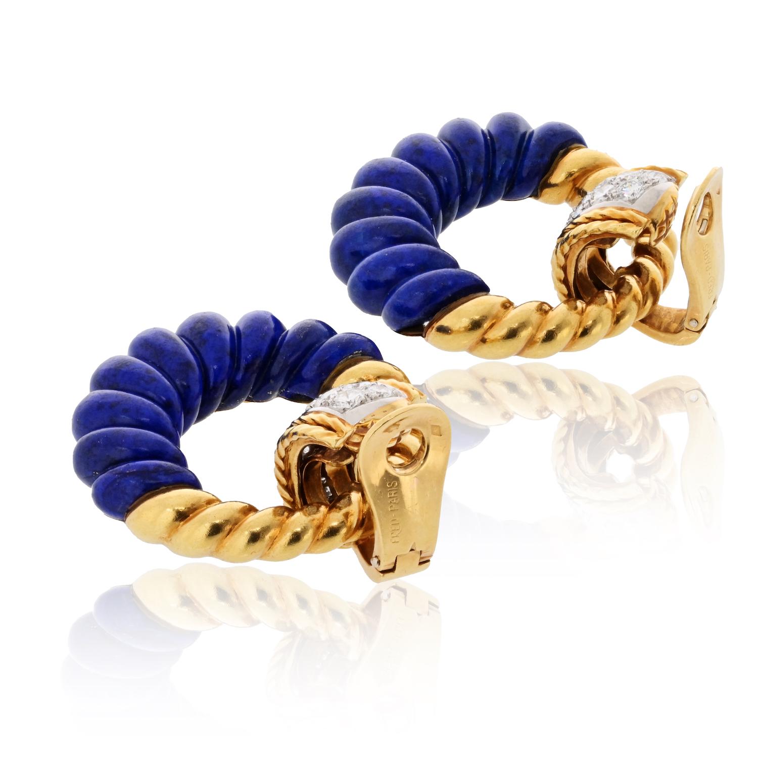 Fred Of Paris Lapis, 18K Yellow Gold Malachite Door Knocker Hoop Earrings 3