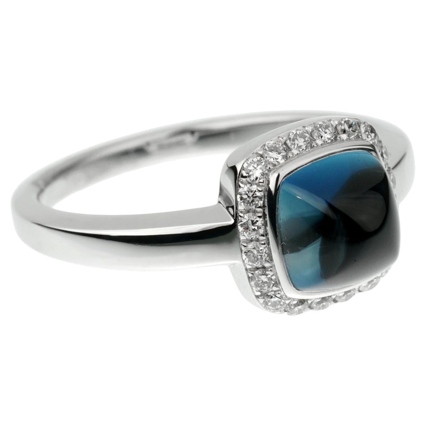 Fred of Paris London Blue Topaz Sugar Cube Diamond 18k White Gold Ring Sz 5 For Sale