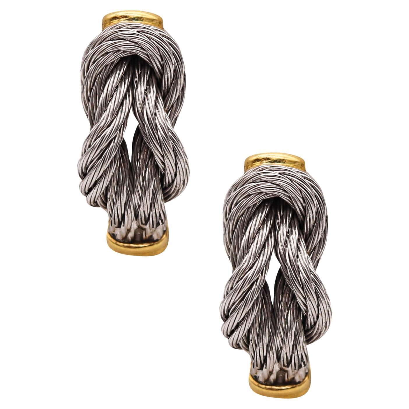 Fred of Paris Modern Hercules Knots Hoops Earrings in 18Kt Yellow Gold and Cable For Sale
