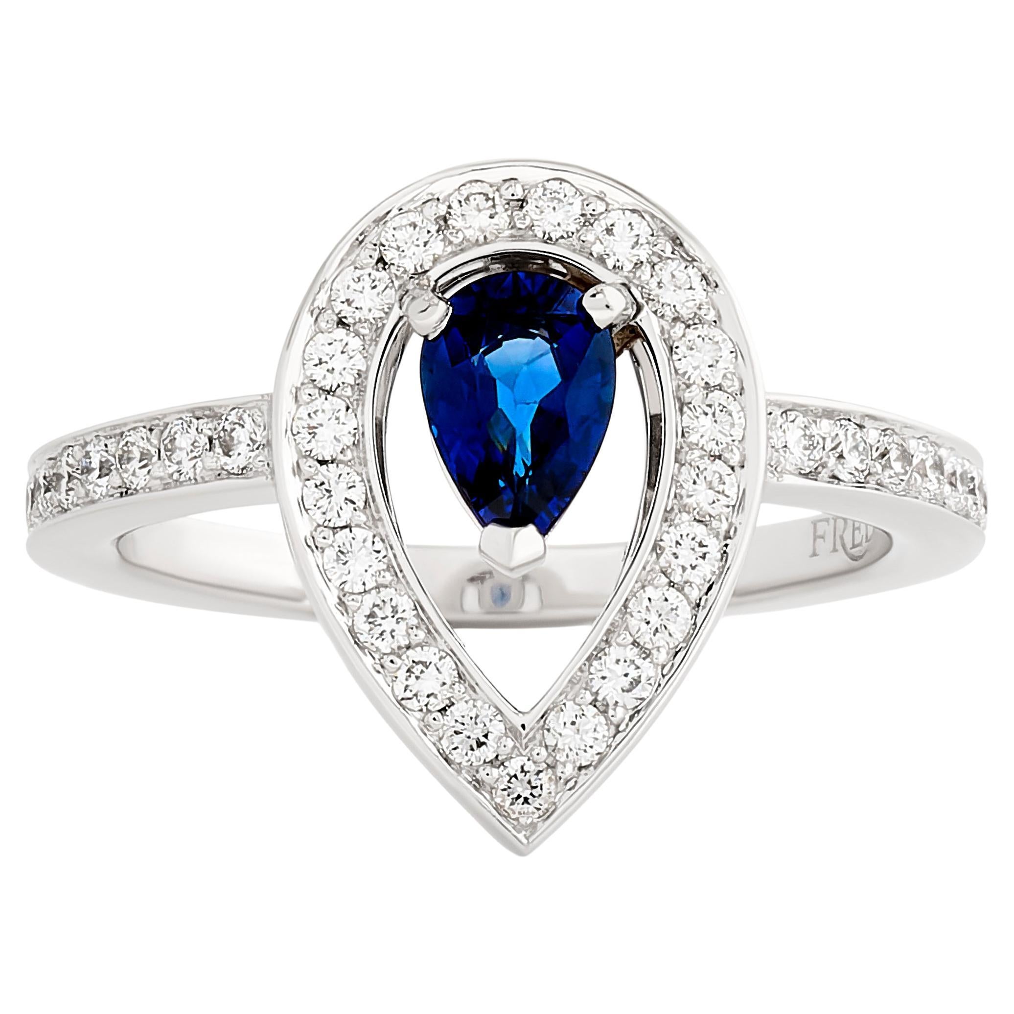 Fred of Paris Pear Sapphire and Diamond Lovelight Halo Style Ring in Platinum For Sale