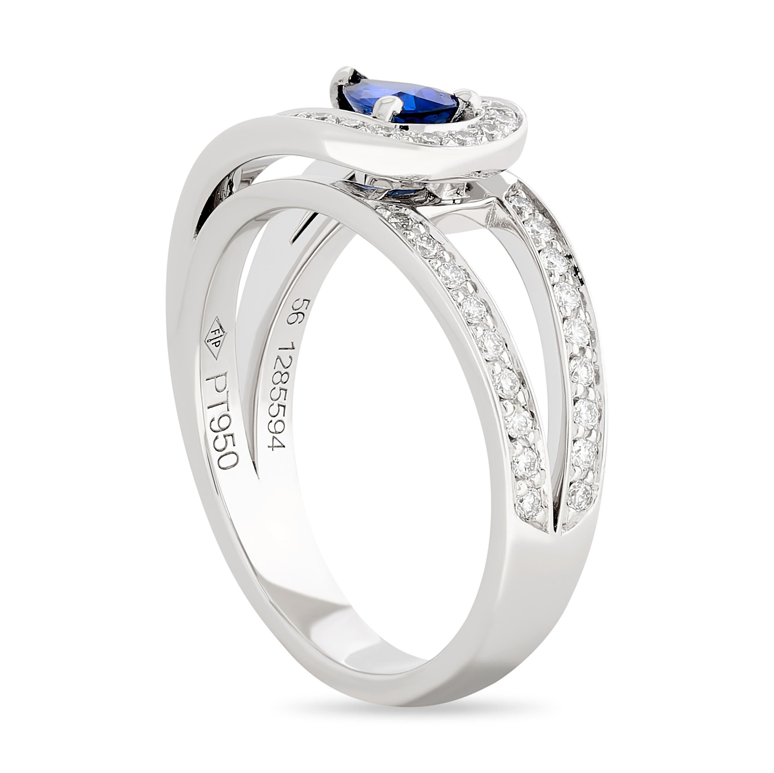 This Fred of Paris Lovelight ring is a timeless masterpiece that captures the essence of refined beauty - a pear-shaped sapphire takes center stage, embraced by a graceful bend of sparkling diamonds. 

The pear sapphire weighs approximately 0.46