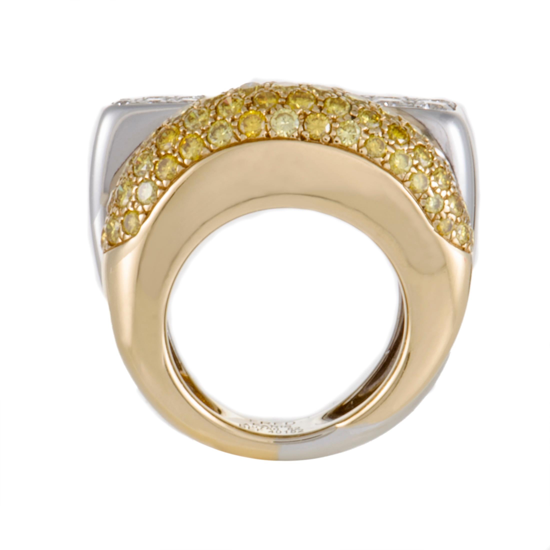 A fabulous contrast of colors and shapes produces astonishing allure in this exceptional ring from Fred of Paris which is made of shimmering 18K white gold and radiant 18K yellow gold, adorned respectively with white diamonds totaling 1.10 carats