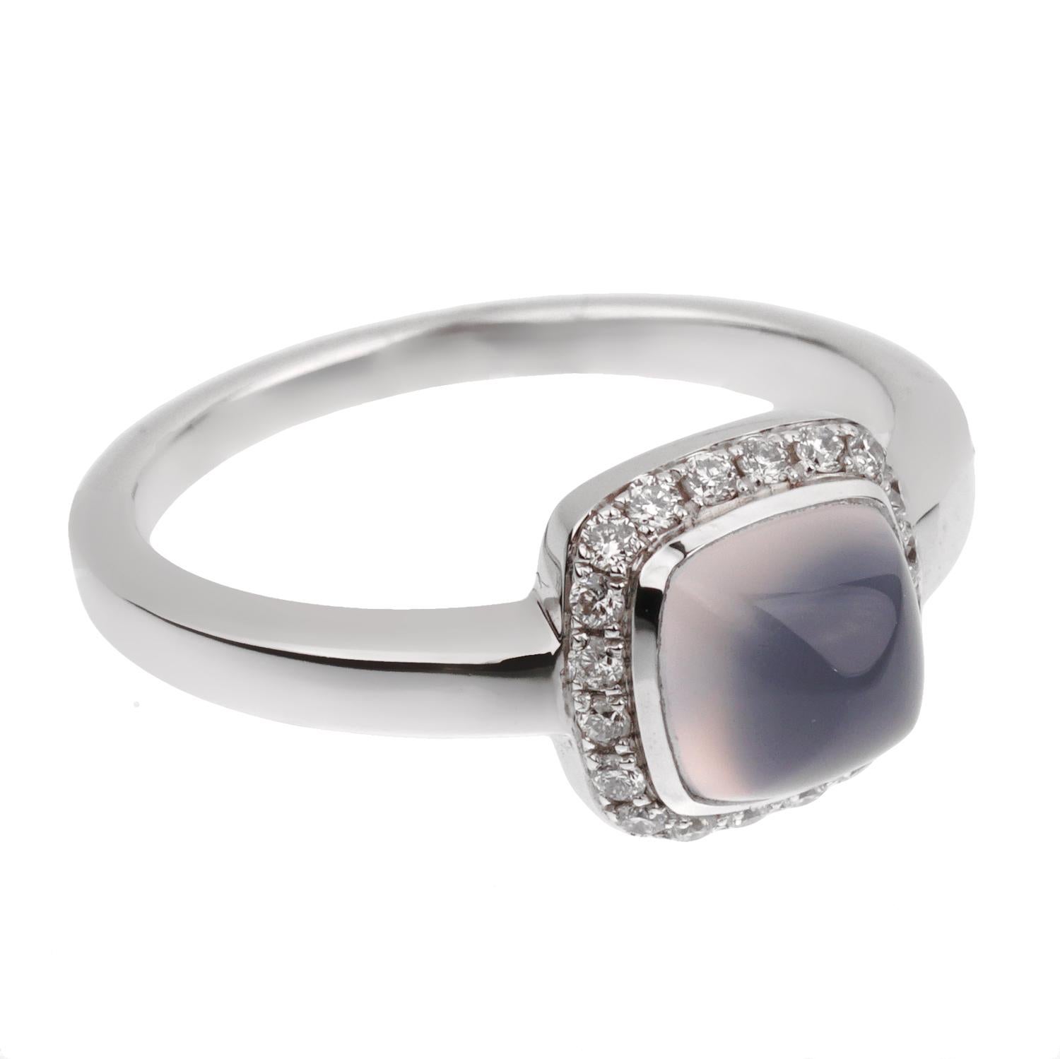 A fabulous brand new Fred of Paris ring showcasing a Chalcedony adorned with round brilliant cut diamonds in shimmering 18k white gold. The ring measures a size 5 and can be resized if needed.