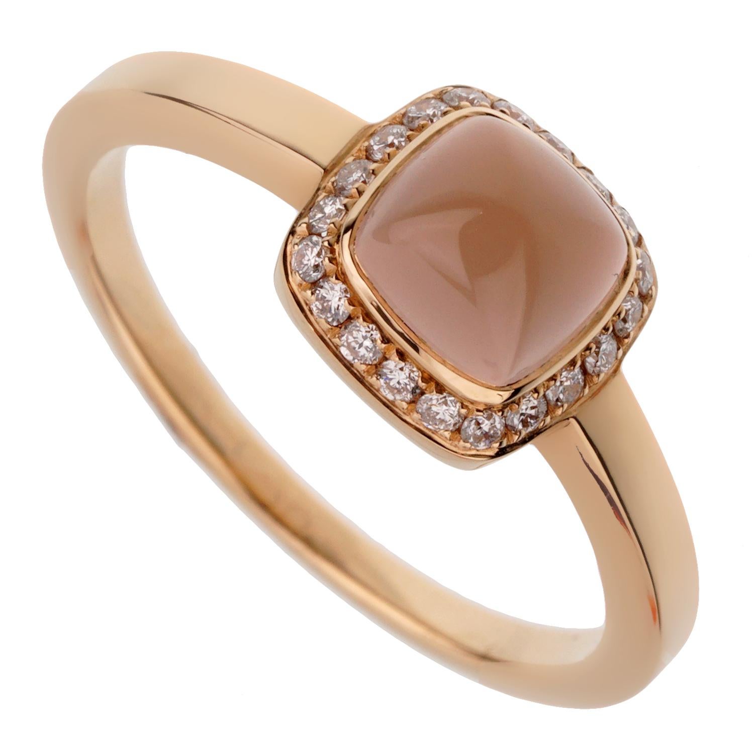 A fabulous brand new Fred of Paris ring showcasing a Rose Quartz adorned with round brilliant cut diamonds in shimmering 18k rose gold. The ring measures a size 4 3/4 and can be resized if needed.