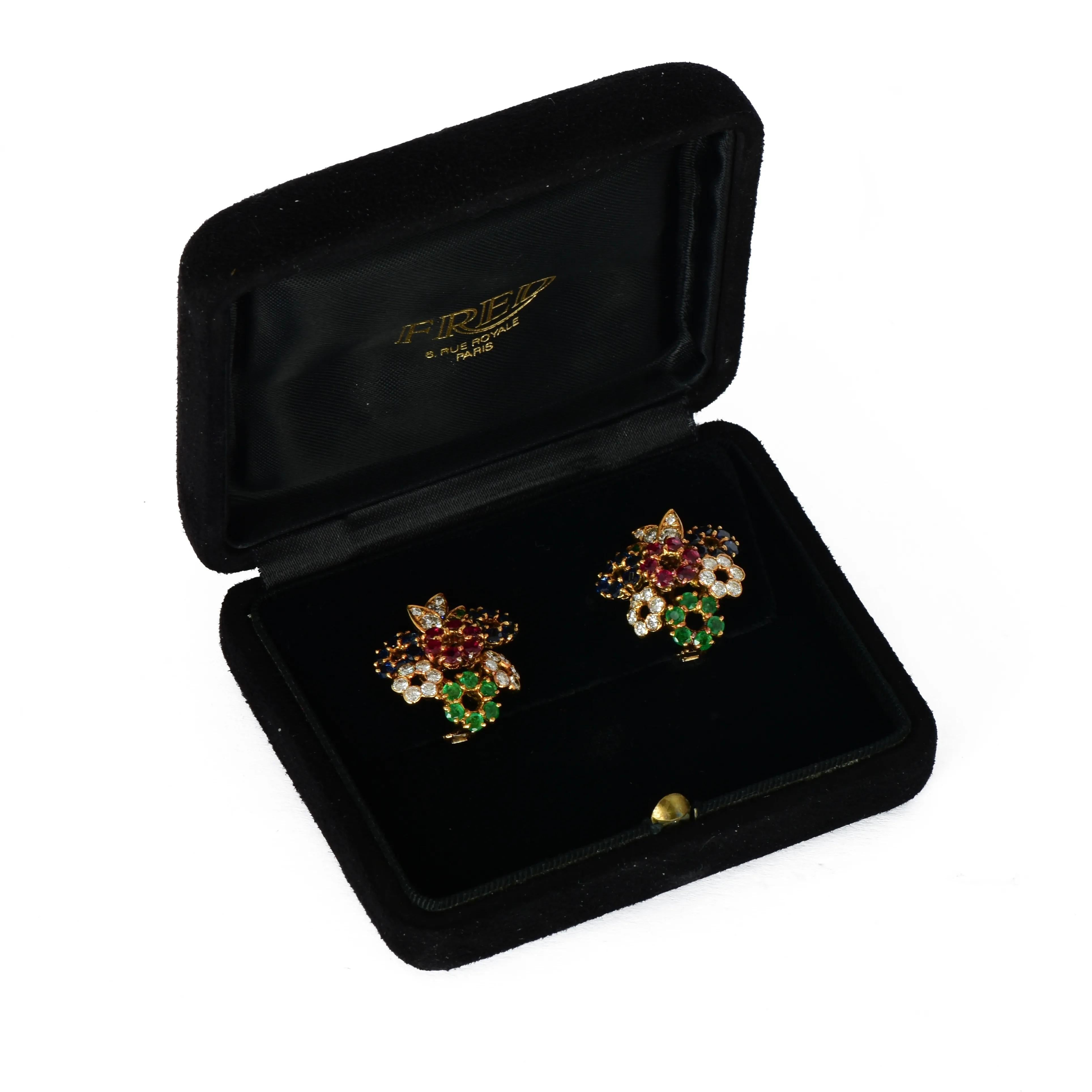 Fred Of Paris, boucles d'oreilles vintage en or 18 carats multi-gemmes Bon état - En vente à Wilmslow, GB