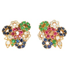 Fred Of Paris, boucles d'oreilles vintage en or 18 carats multi-gemmes