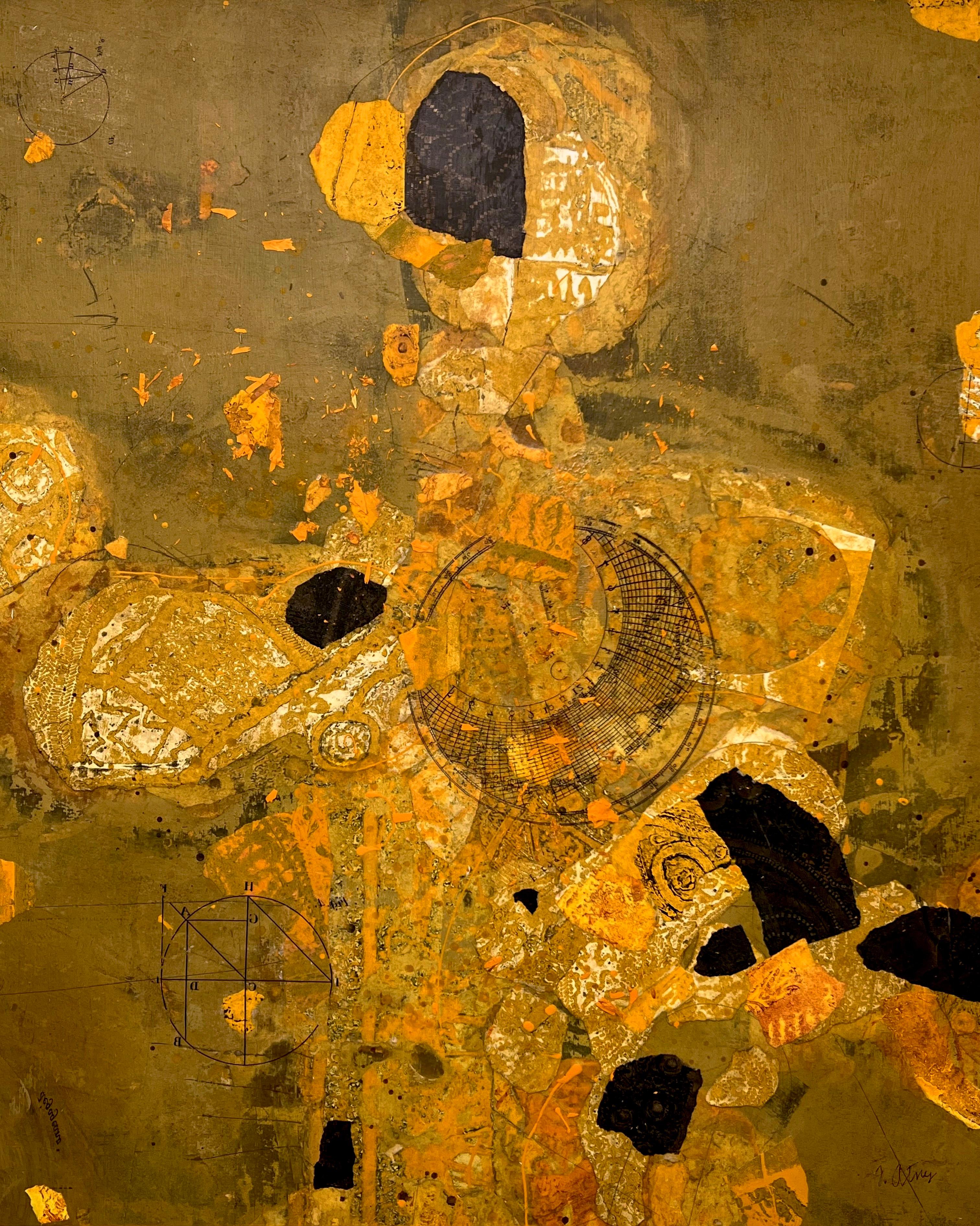 Exquisites Gemälde des prominenten Künstlers Fred Otnes, JR, einer figuralen Frau in Gold, Orange und warmen Erdtönen. Diese einzigartige Mischtechnik aus Öl und Collage weist verschiedene Schichten auf, obwohl das Gemälde bei Berührung glatt ist.