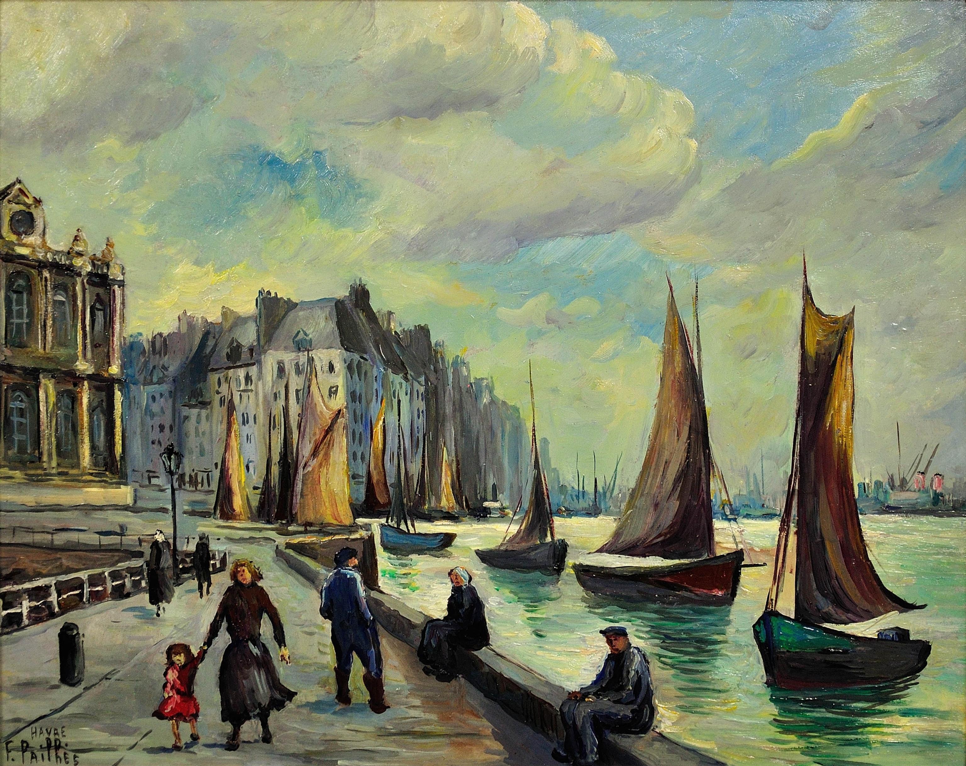 Le Grand Quai, Le Havre. French Mid 20th Century Framed 1950s Oil on Panel. - Painting by Fred Pailhès