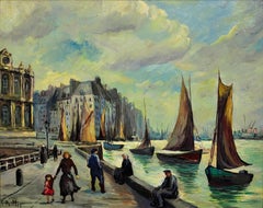 Le Grand Quai, Le Havre. Huile sur panneau encadrée des années 1950.