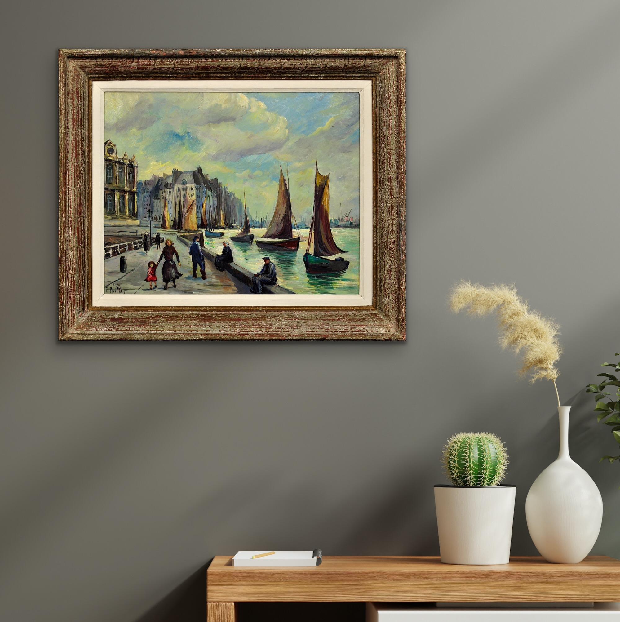 Le Grand Quai, Le Havre. French Mid 20th Century Framed 1950s Oil on Panel. For Sale 1