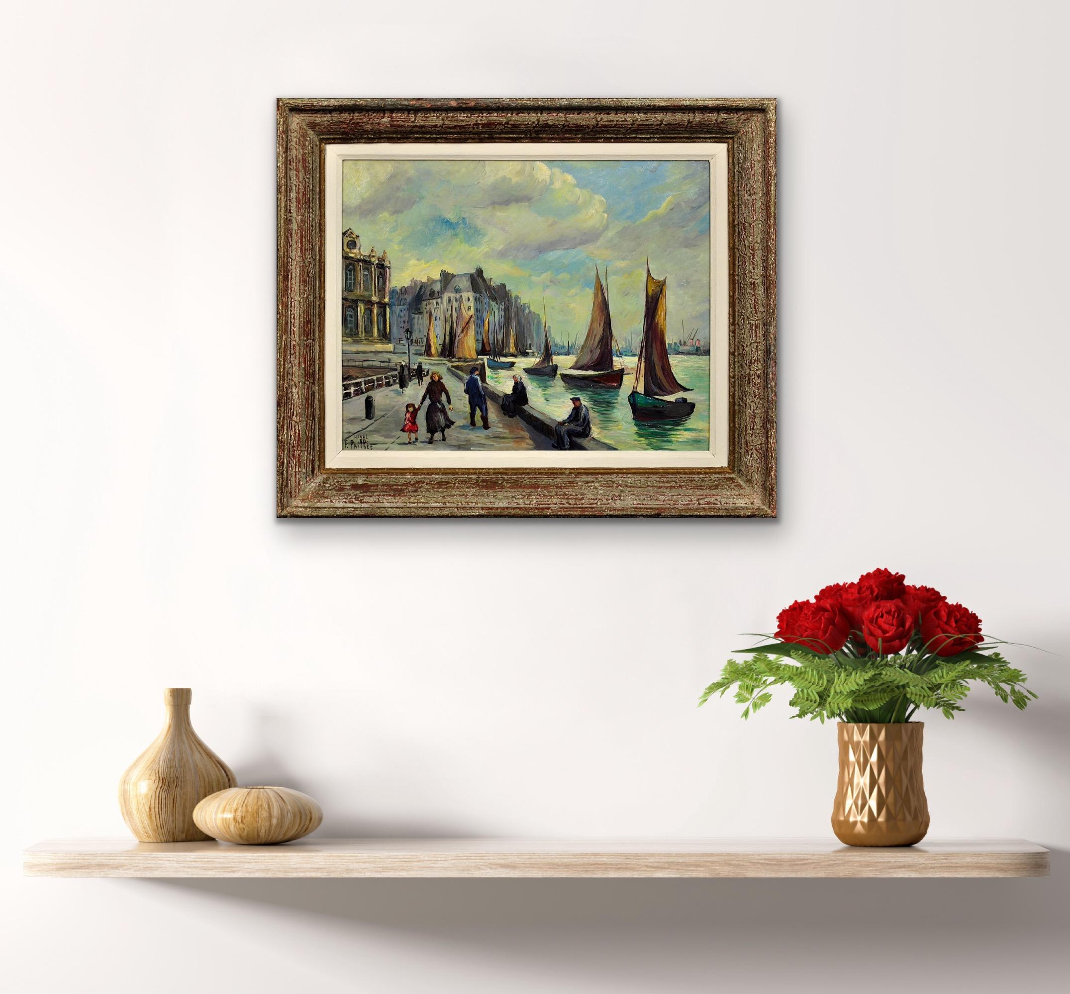 Le Grand Quai, Le Havre. French Mid 20th Century Framed 1950s Oil on Panel. For Sale 2