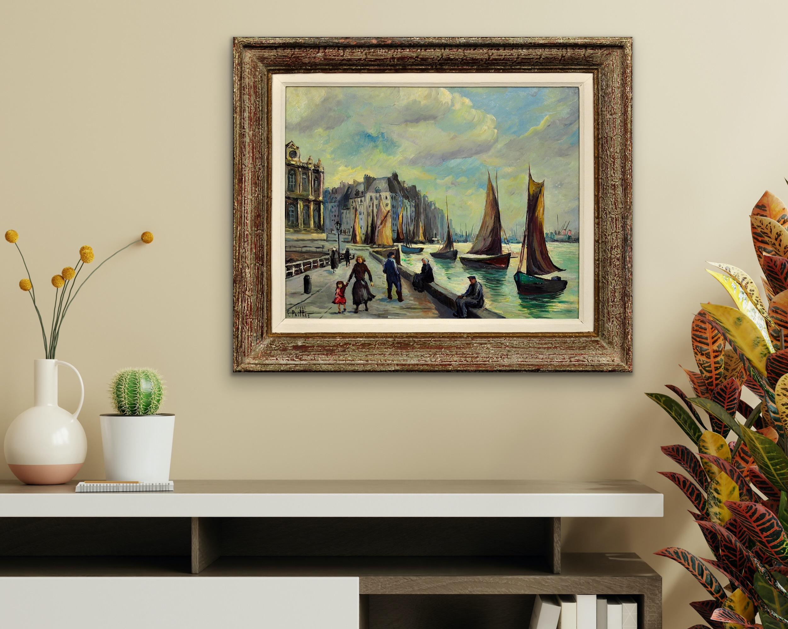 Le Grand Quai, Le Havre. French Mid 20th Century Framed 1950s Oil on Panel. For Sale 4