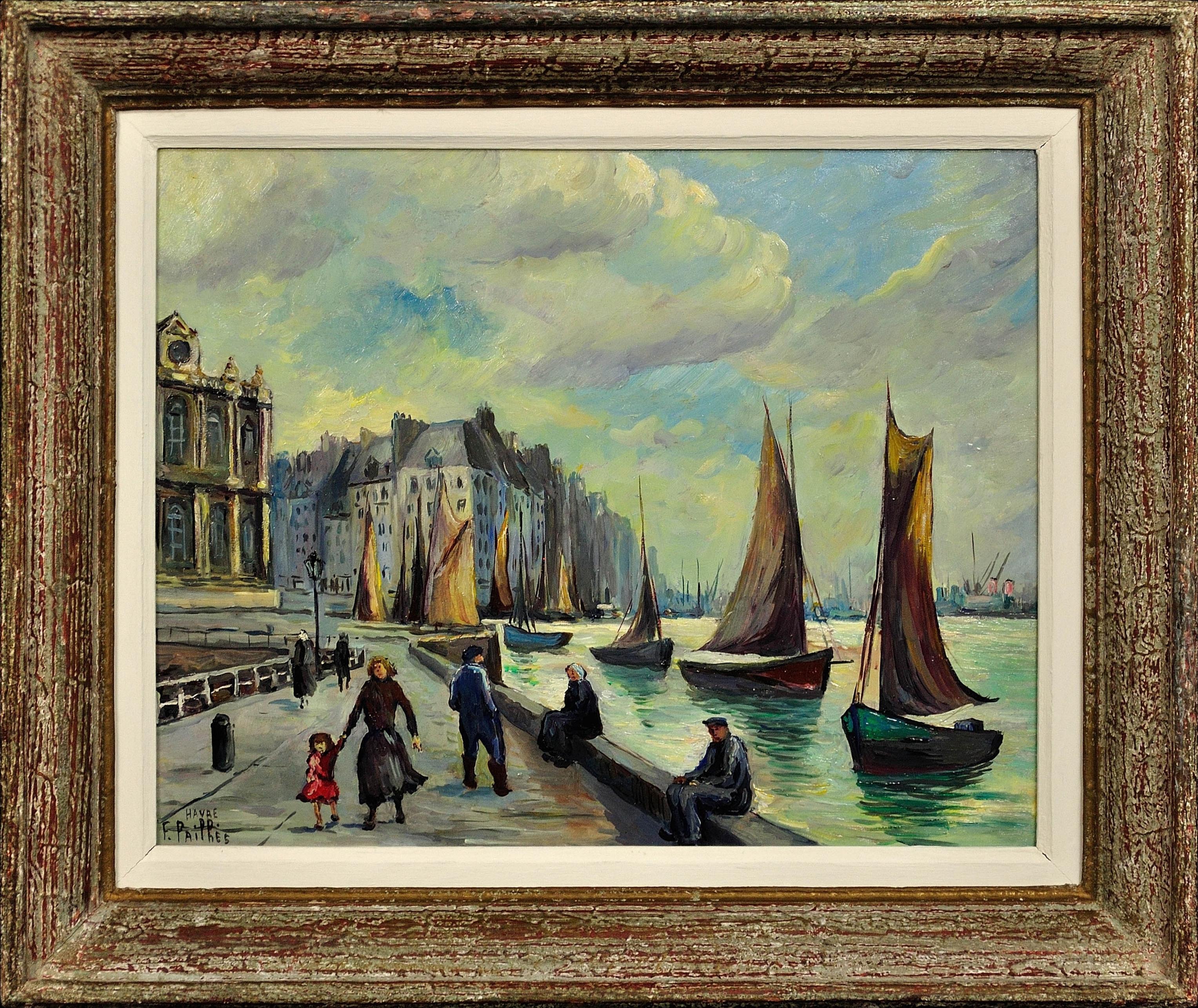 Fred Pailhès Landscape Painting - Le Grand Quai, Le Havre. French Mid 20th Century Framed 1950s Oil on Panel.