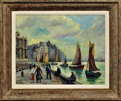 Vintage Le Grand Quai, Le Havre. French Mid 20th Century Framed 1950s Oil on Panel.