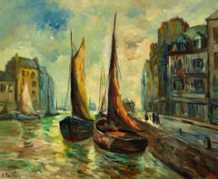 La promesse d'un jour venu au Havre. Peinture à l'huile encadrée des années 1950.