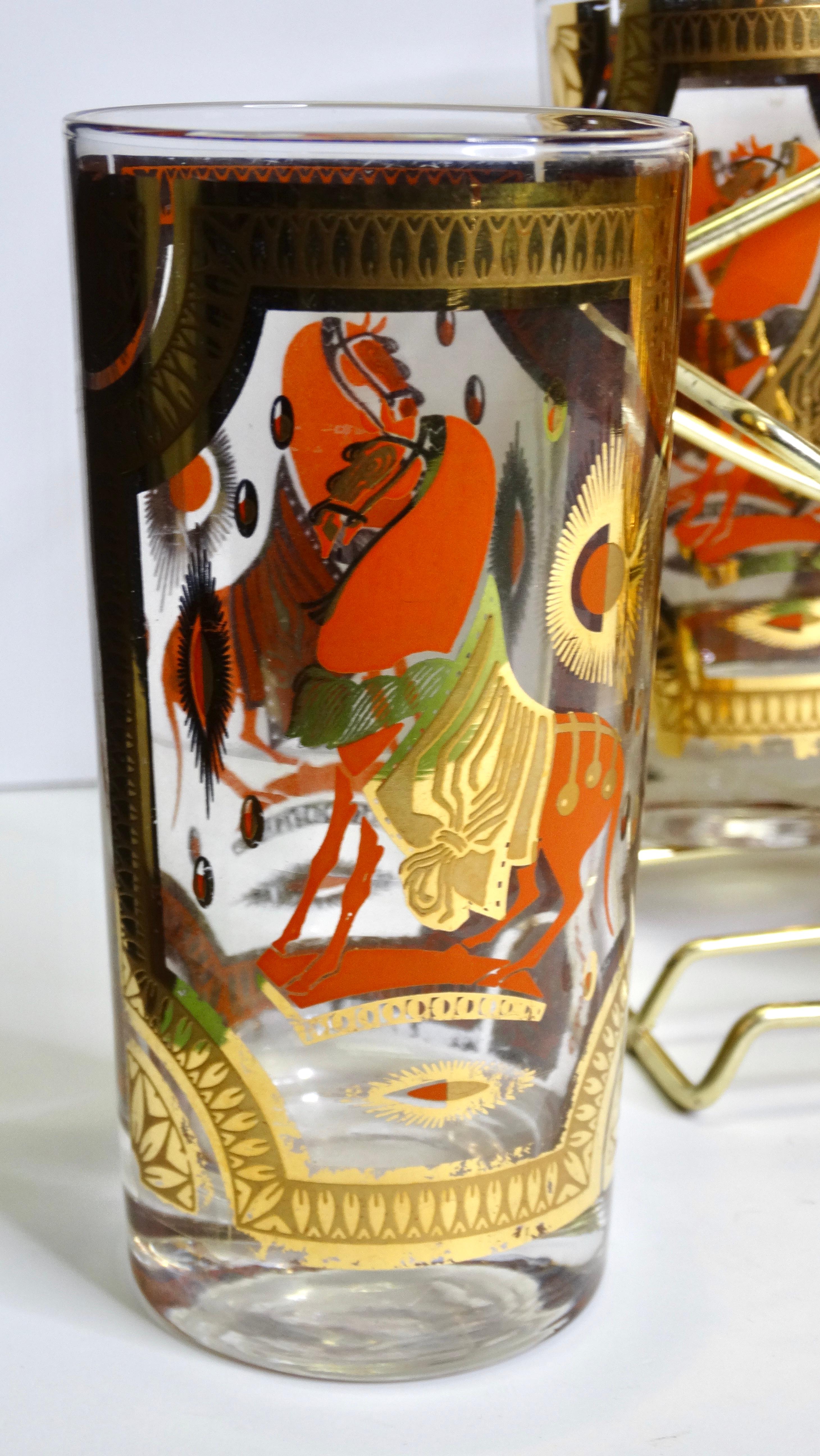 Fred Paise Equestrian Glassware & Carrier in Orange/Gold - Set of 8 In Excellent Condition In Scottsdale, AZ