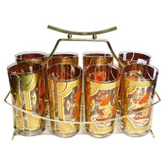 Fred Paise Equestrian Glassware & Carrier in Orange/Gold - Set of 8
