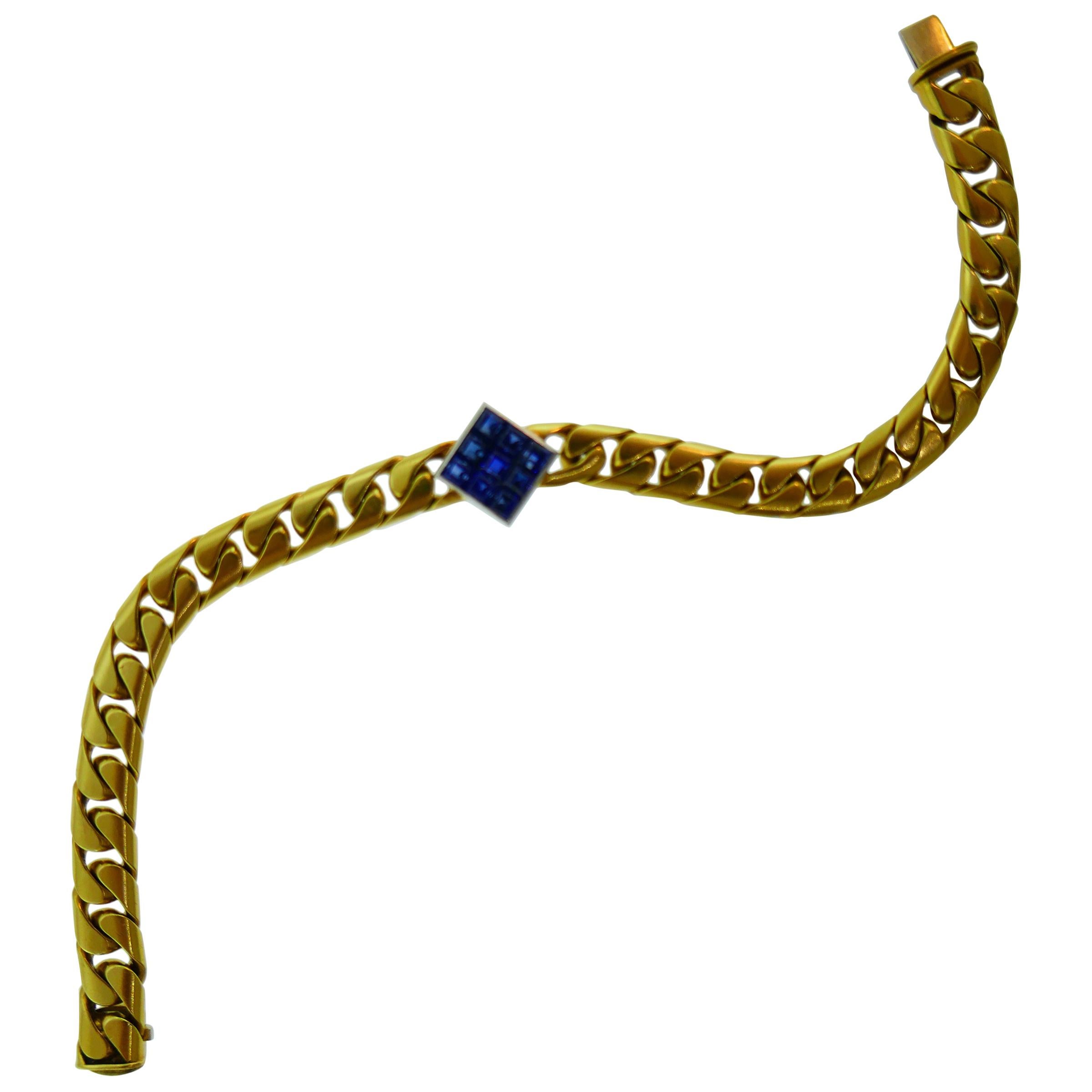 Fred Paris 18 Karat Yellow and White Gold & Sapphire Link Bracelet, circa 1980s For Sale