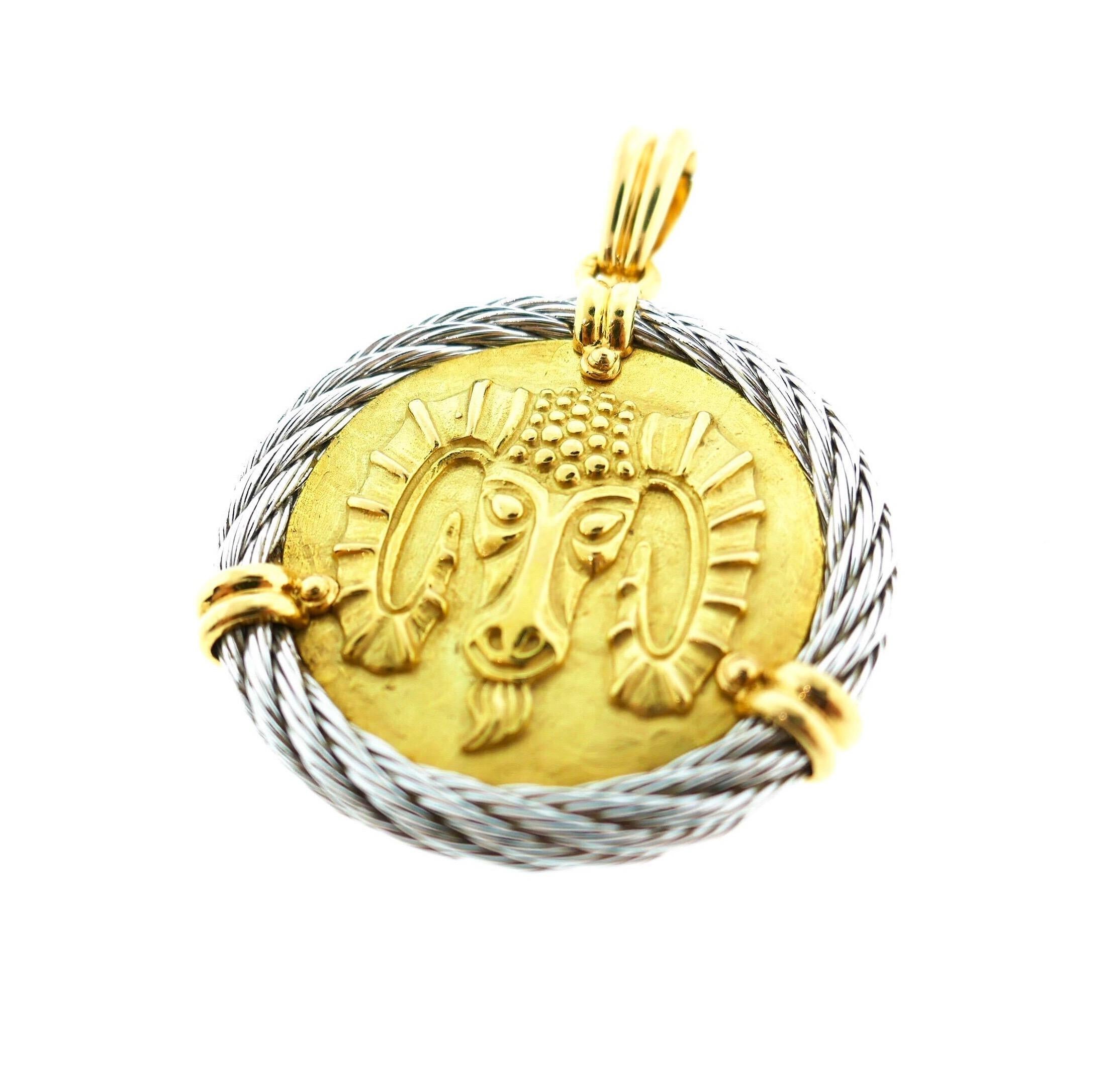 Fred Paris 18 Karat Yellow and White Gold Zodiac Aries Pendant In Excellent Condition In Beverly Hills, CA