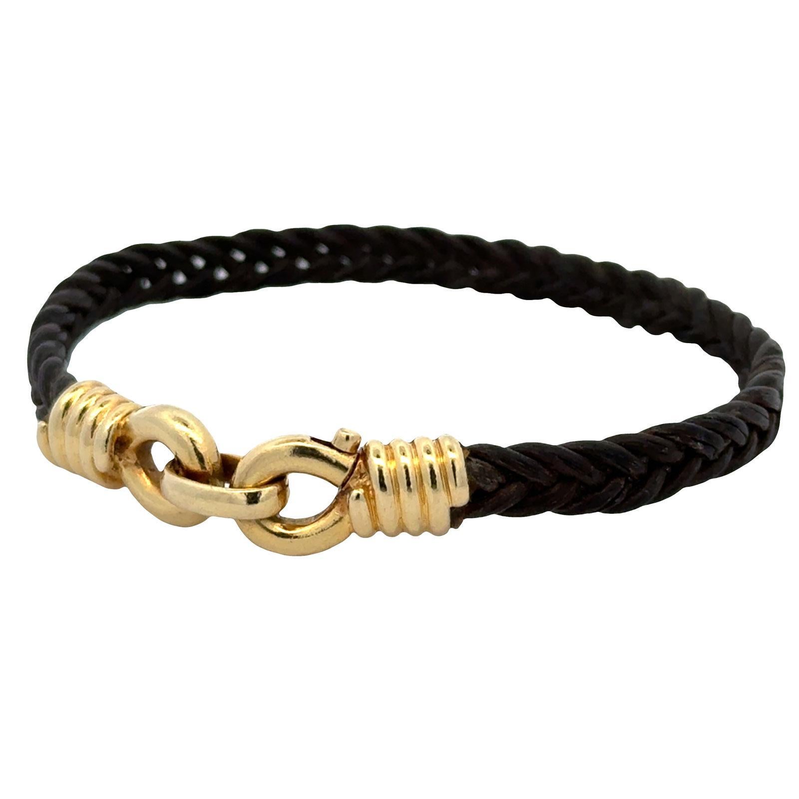 Modern Fred Paris 18 Karat Yellow Gold & Black Leather Cord Bracelet For Sale