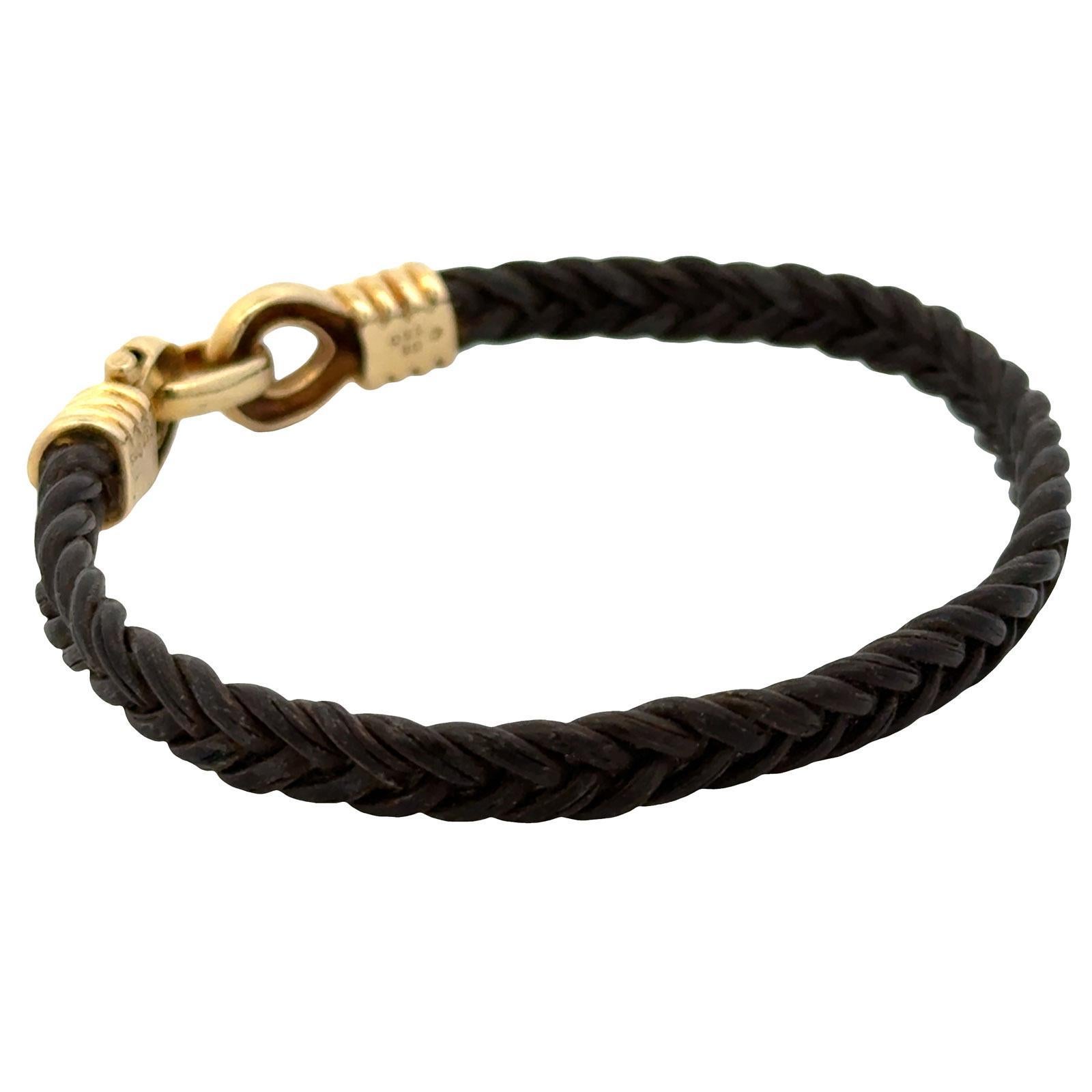 Women's Fred Paris 18 Karat Yellow Gold & Black Leather Cord Bracelet For Sale
