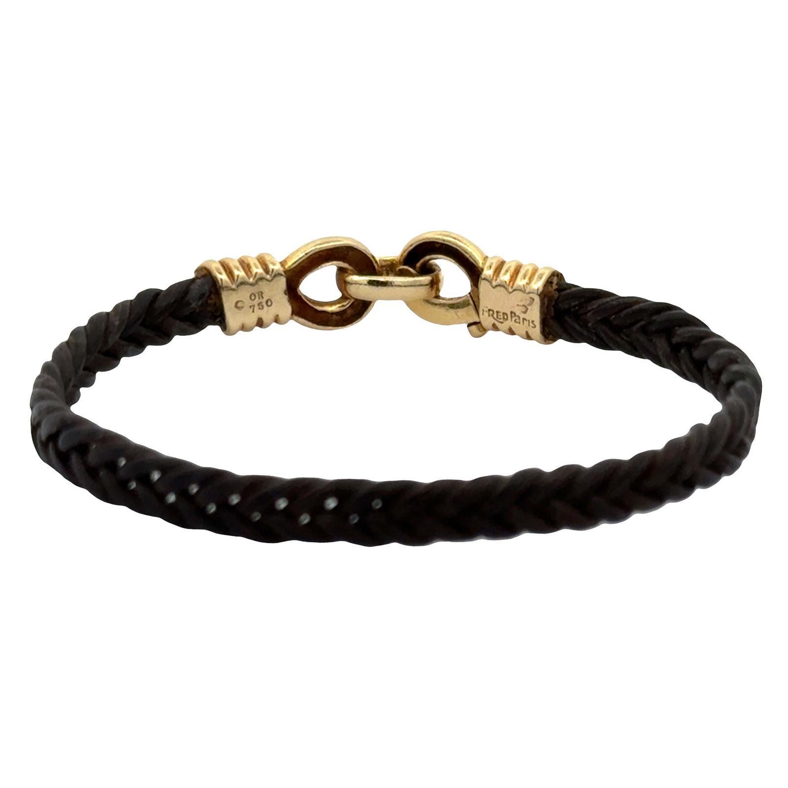 Fred Paris 18 Karat Yellow Gold & Black Leather Cord Bracelet For Sale 1