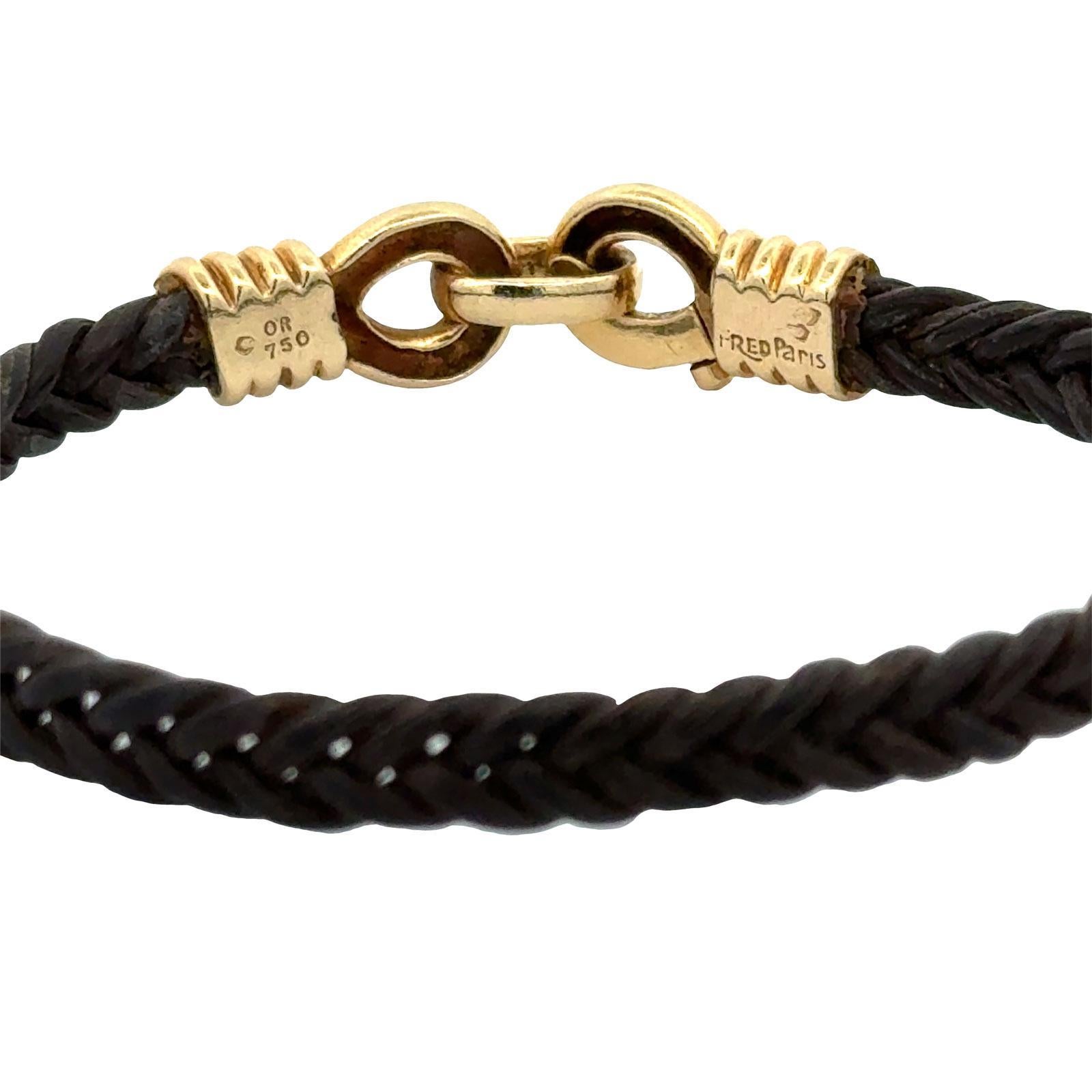 Fred Paris 18 Karat Yellow Gold & Black Leather Cord Bracelet For Sale 2