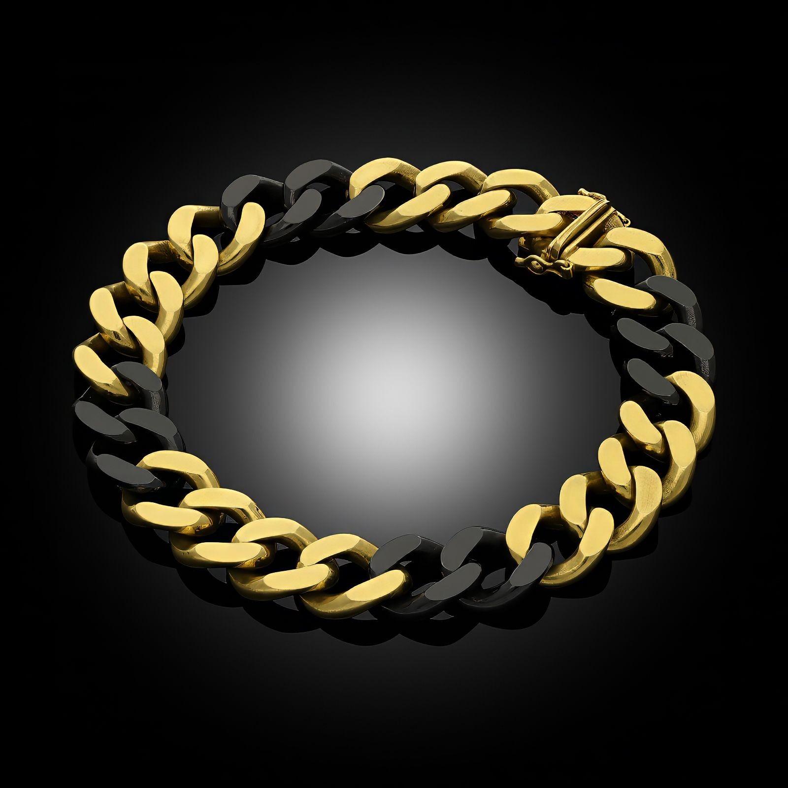Women's or Men's Fred Paris 18ct Yellow Gold & Blackened Gold Curb Link Bracelet For Sale