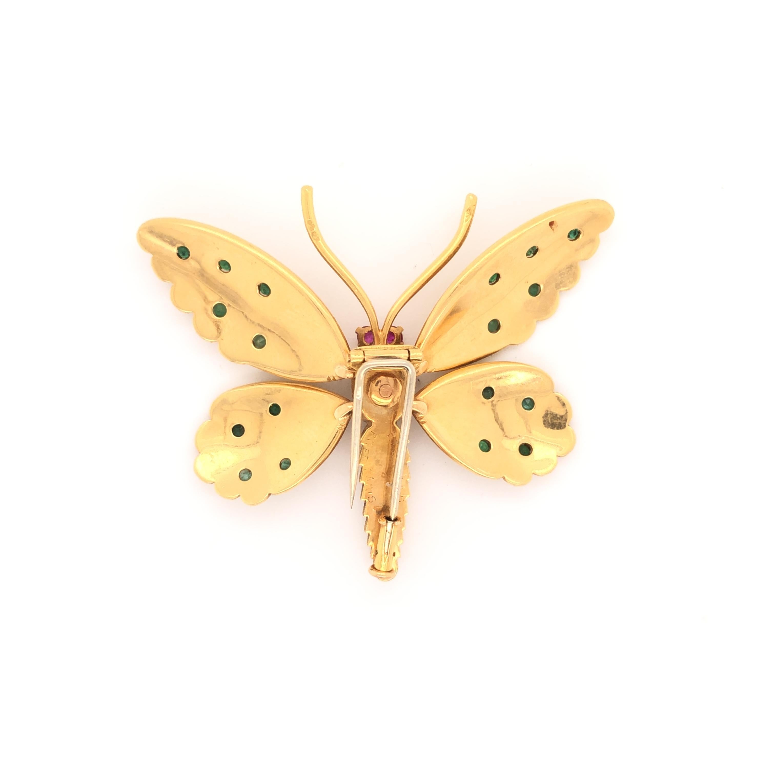 Retro Fred Paris 18k Emerald & Ruby Articulated Butterfly Brooch