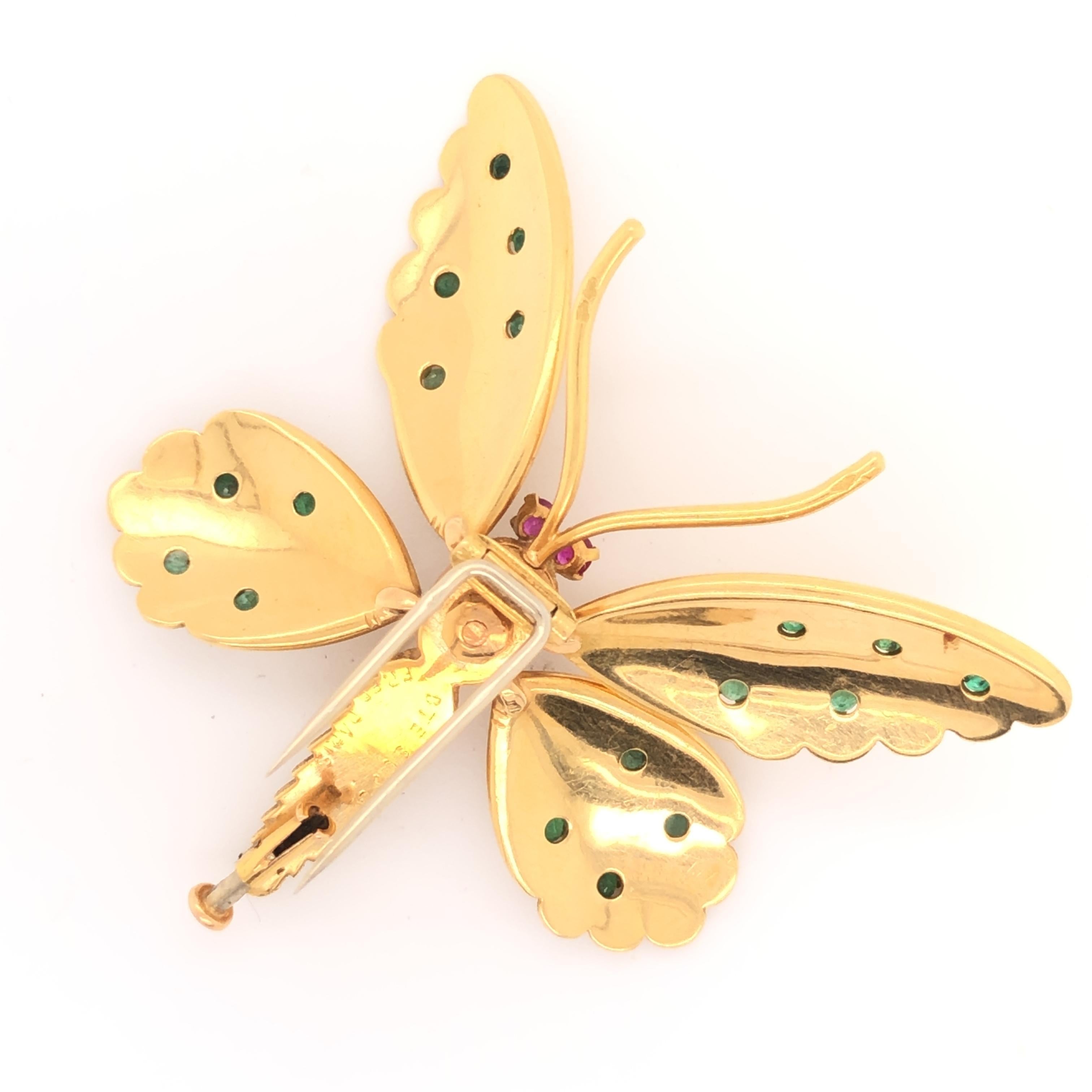 Round Cut Fred Paris 18k Emerald & Ruby Articulated Butterfly Brooch