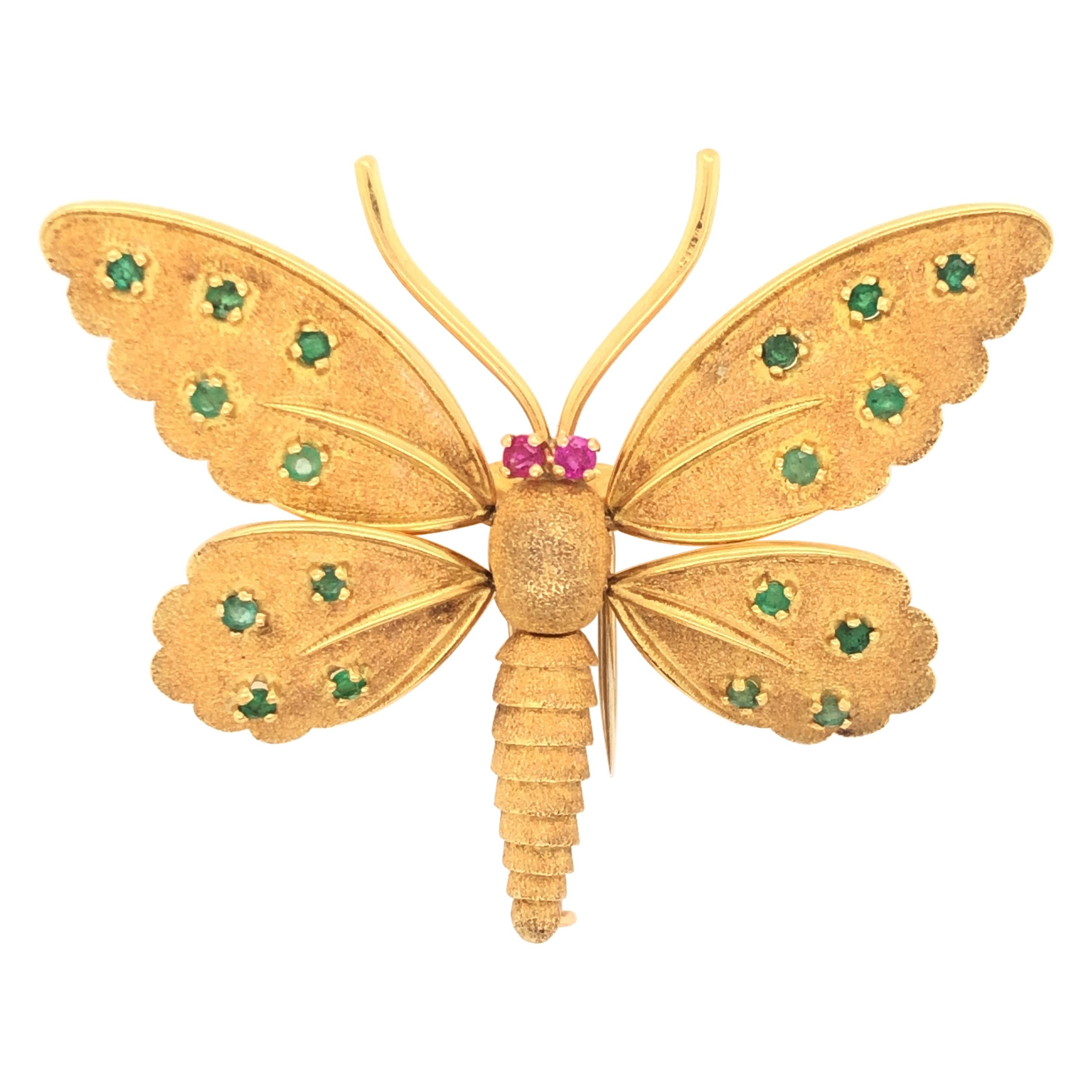 Fred Paris 18k Emerald & Ruby Articulated Butterfly Brooch