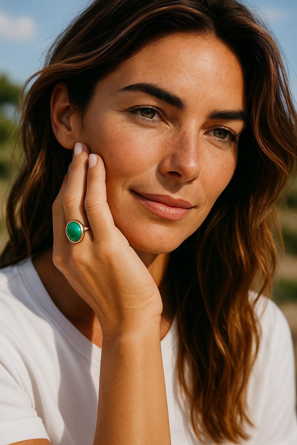Cabochon Fred Paris 18K Yellow Gold Chrysoprase Vintage Ring For Sale