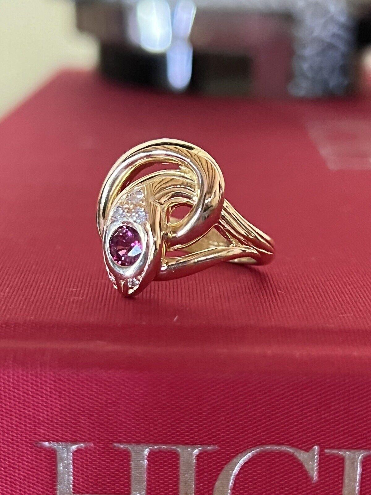 Round Cut Fred Paris 18k Yellow Gold, Diamond & Burma Ruby Snake Ring Vintage Fully Marked