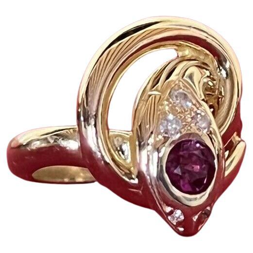 Fred Paris 18k Yellow Gold, Diamond & Burma Ruby Snake Ring Vintage Fully Marked For Sale
