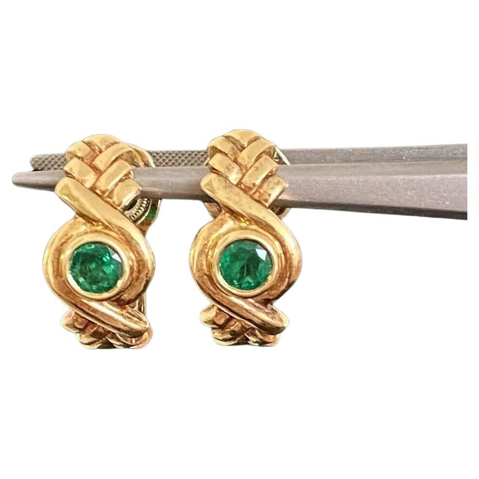 FRED PARIS 18k Yellow Gold & Emerald Clip On Hoop Earrings Circa 1980s Vintage For Sale