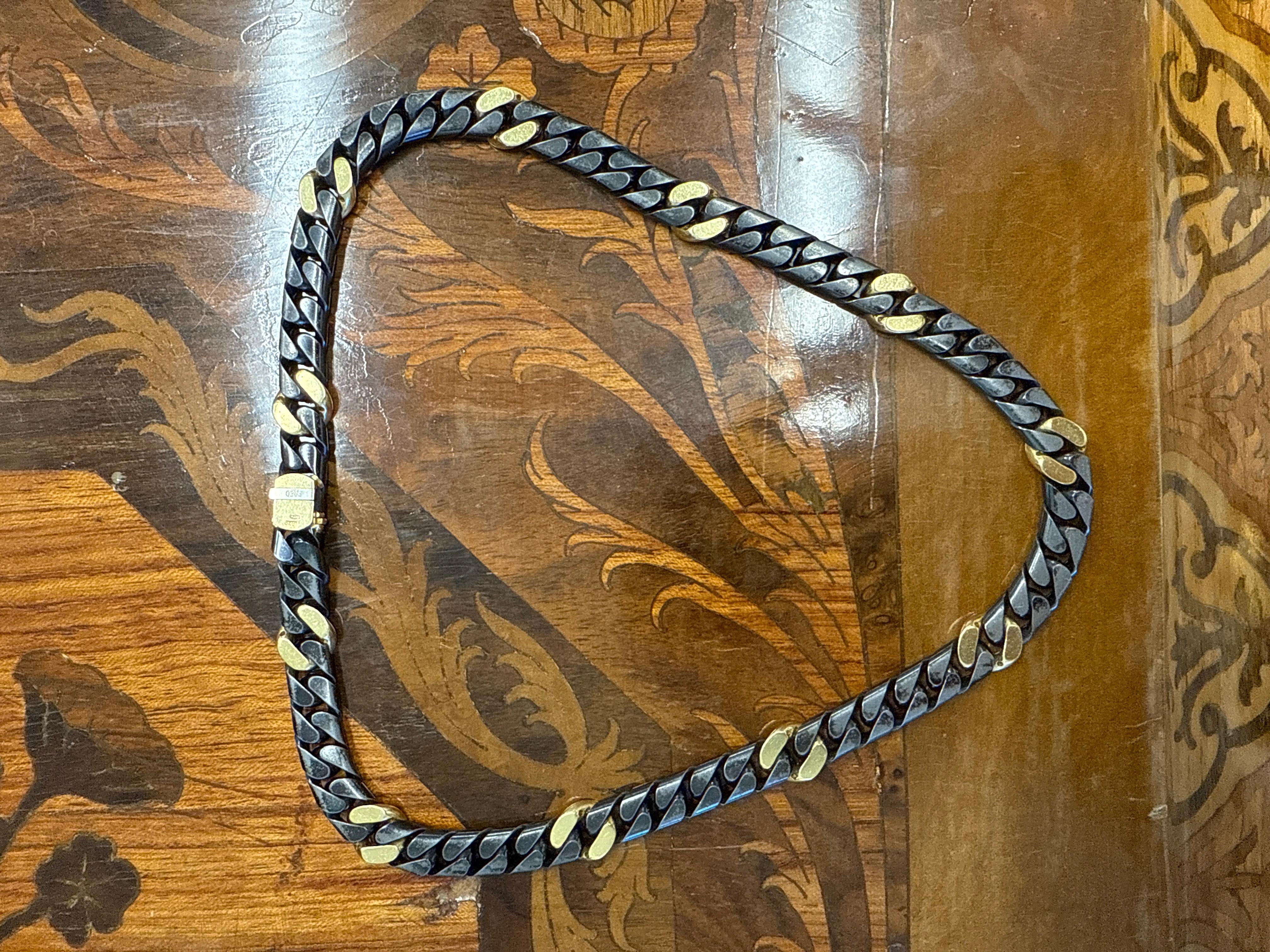 Round Cut FRED PARIS 18k Yellow Gold, Hematite & Diamond Necklace & Bracelet Set 1980s