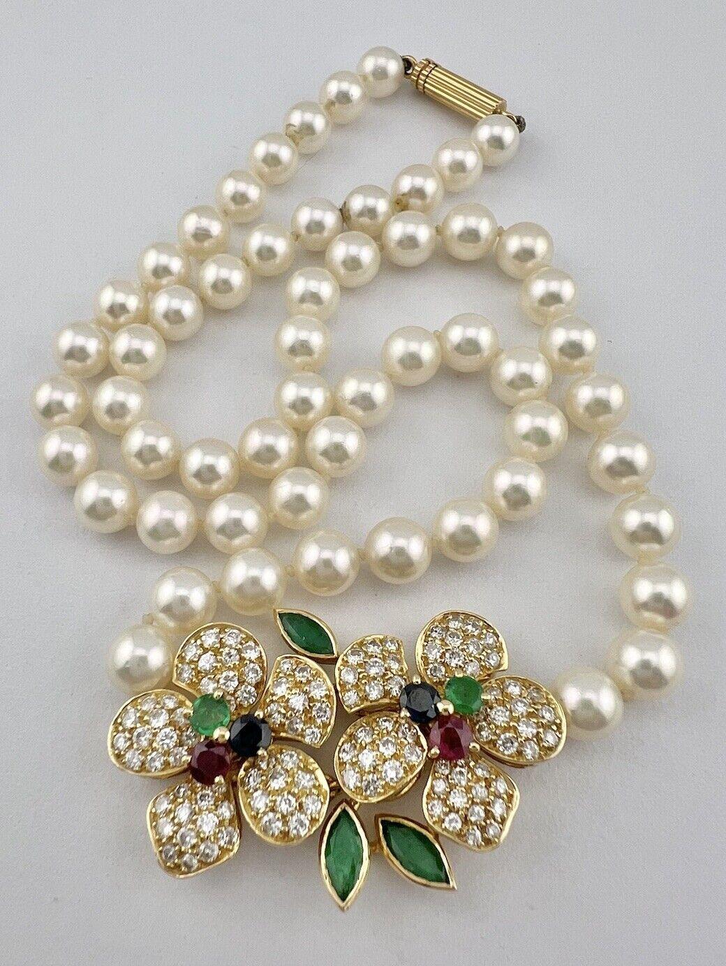 FRED PARIS 18k Yellow Gold, Pearl, Diamond, Sapphire, Ruby & Emerald Necklace 6