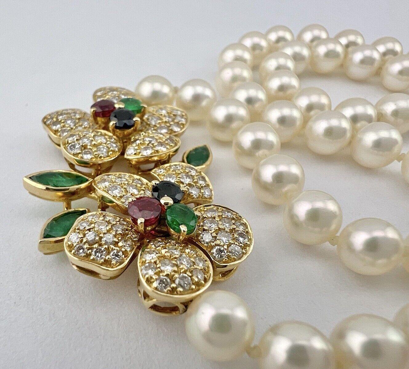 Round Cut FRED PARIS 18k Yellow Gold, Pearl, Diamond, Sapphire, Ruby & Emerald Necklace