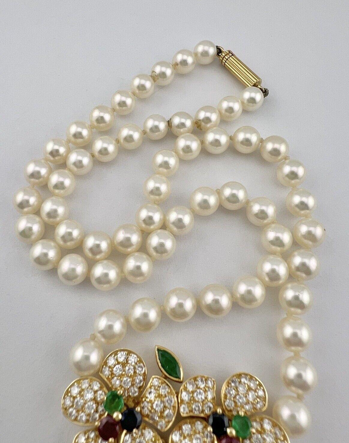 FRED PARIS 18k Yellow Gold, Pearl, Diamond, Sapphire, Ruby & Emerald Necklace In Excellent Condition In Beverly Hills, CA