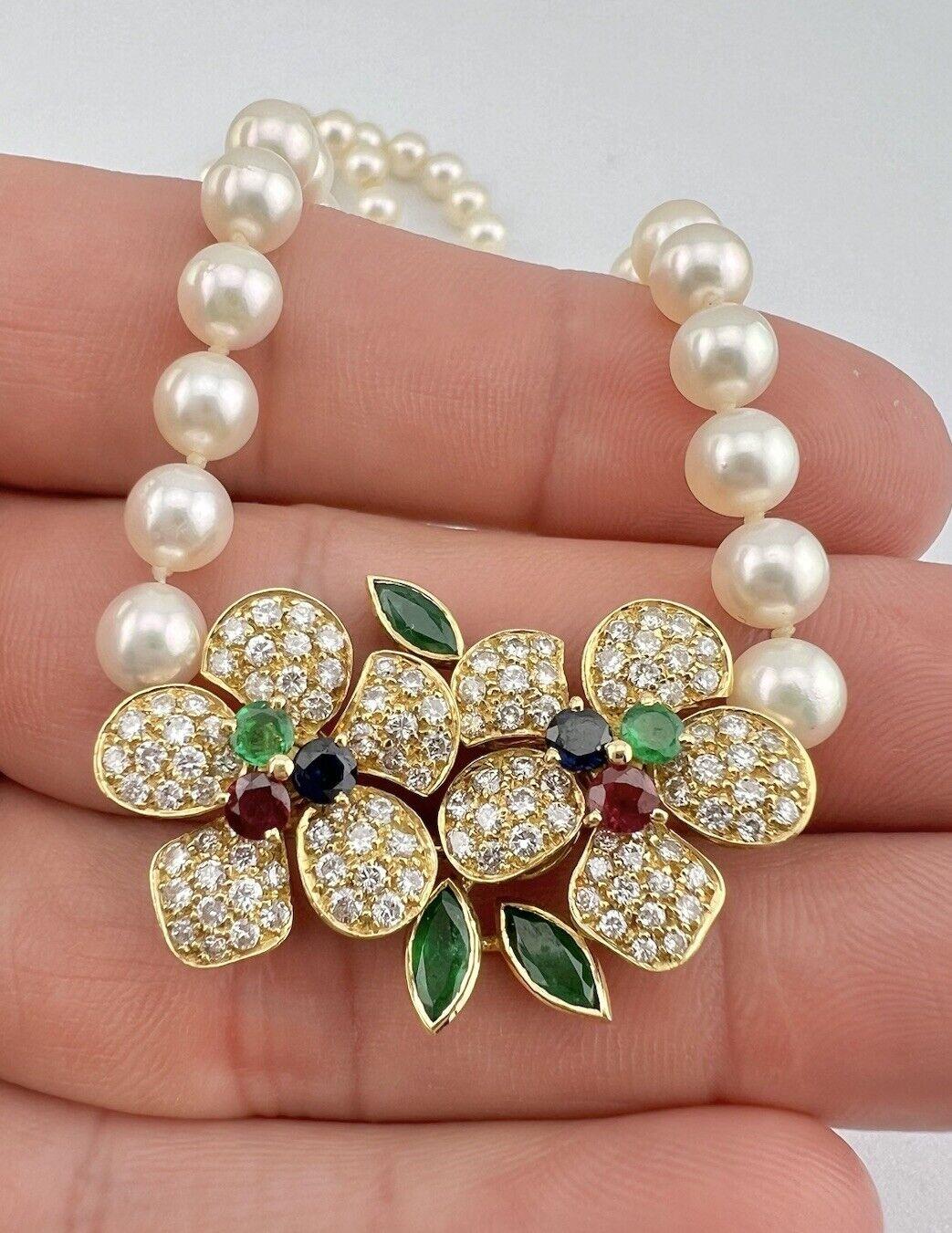 FRED PARIS 18k Yellow Gold, Pearl, Diamond, Sapphire, Ruby & Emerald Necklace 4