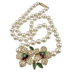 Retro FRED PARIS 18k Yellow Gold, Pearl, Diamond, Sapphire, Ruby & Emerald Necklace