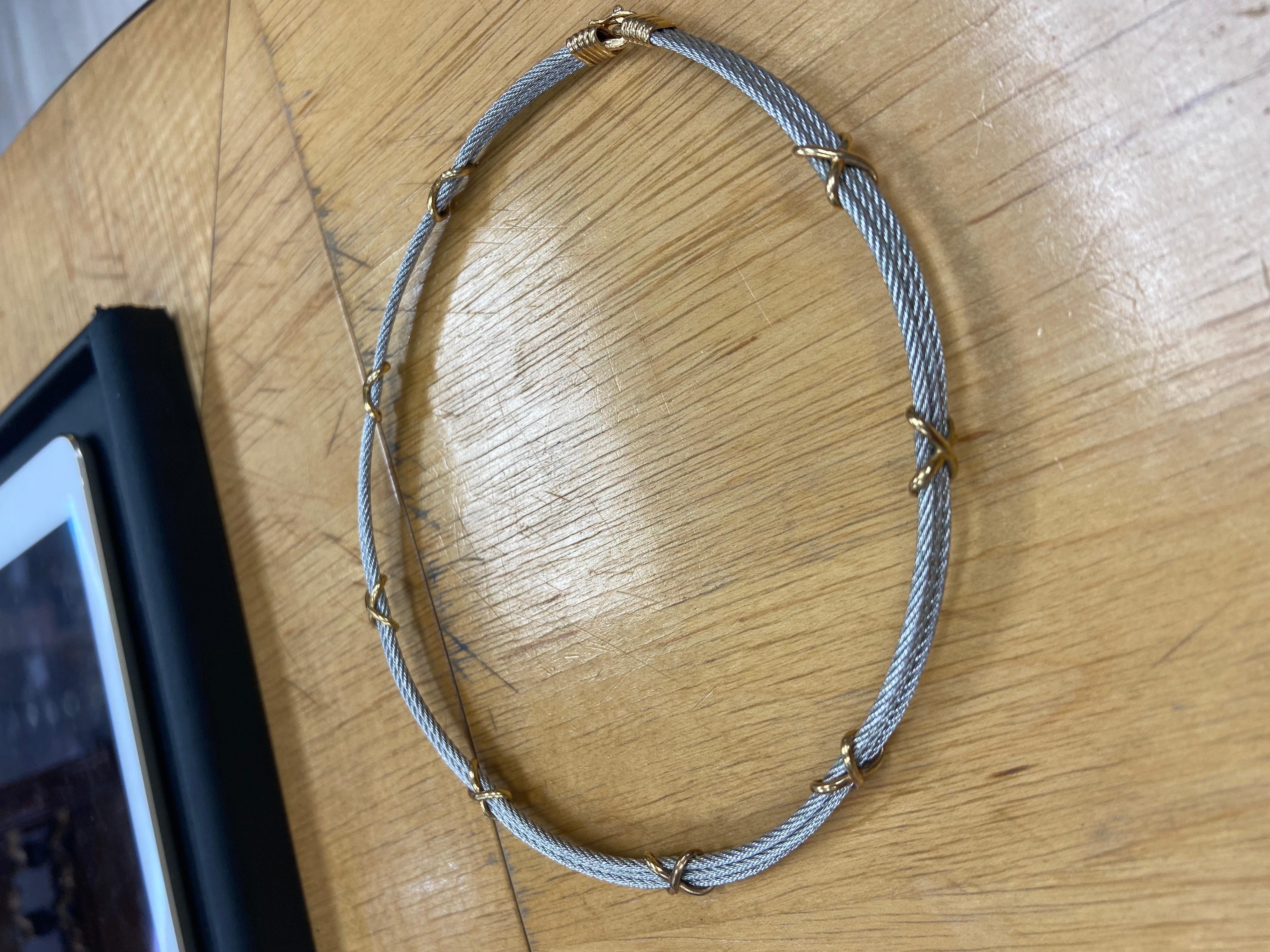 Fred Paris 18k Yellow Gold & Stainless Steel Force 10 Choker Necklace Vintage In Excellent Condition In Beverly Hills, CA