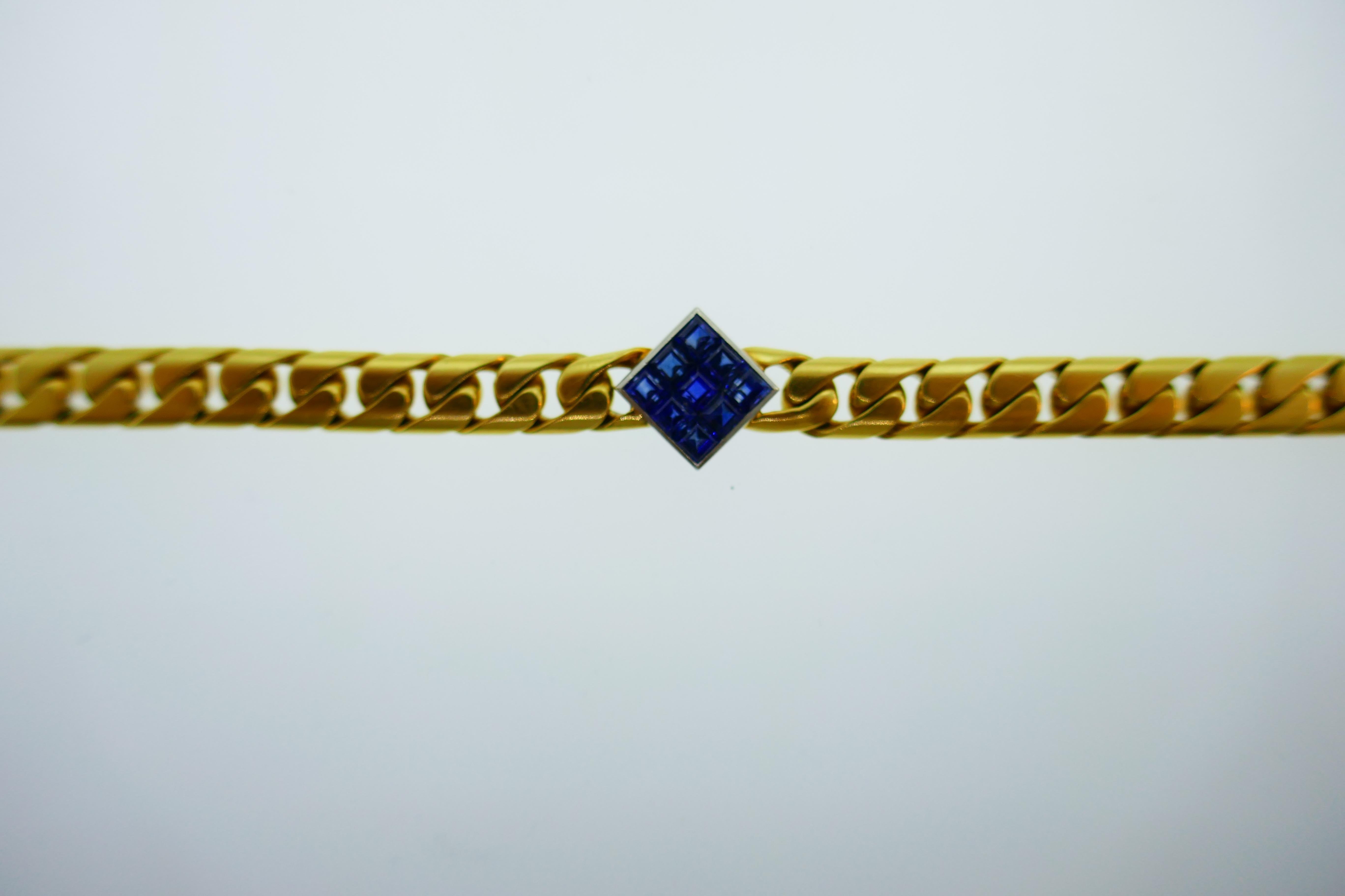 Baguette Cut Fred Paris 18 Karat Yellow and White Gold & Sapphire Link Bracelet, circa 1980s For Sale