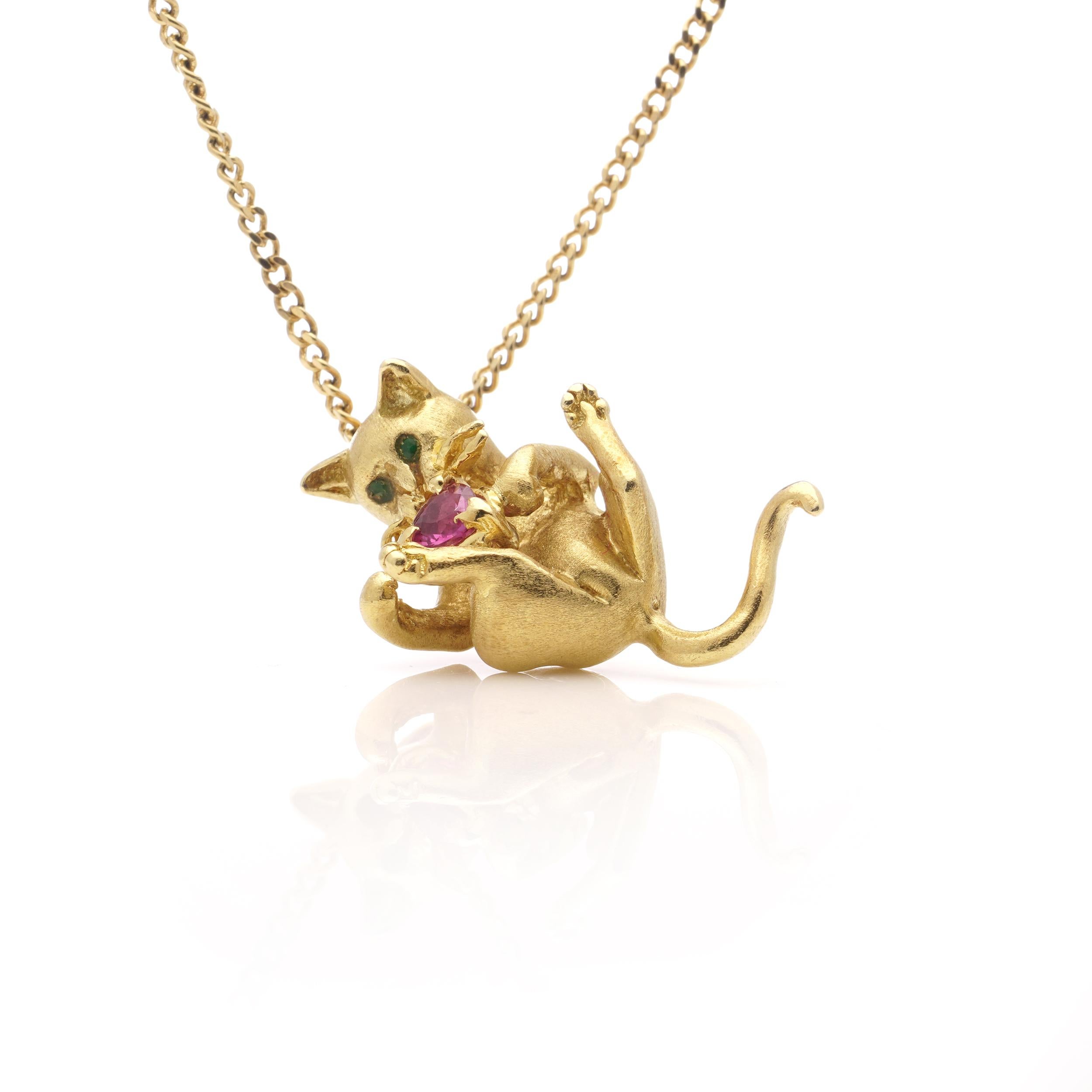 Fred Paris 18kt. yellow gold chain necklace with kitty holding ruby pendant 7