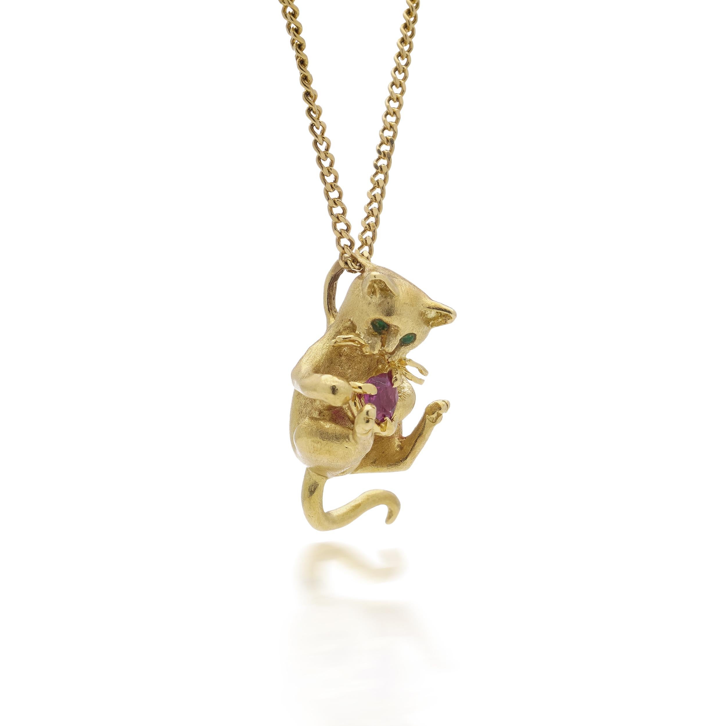 Heart Cut Fred Paris 18kt. yellow gold chain necklace with kitty holding ruby pendant