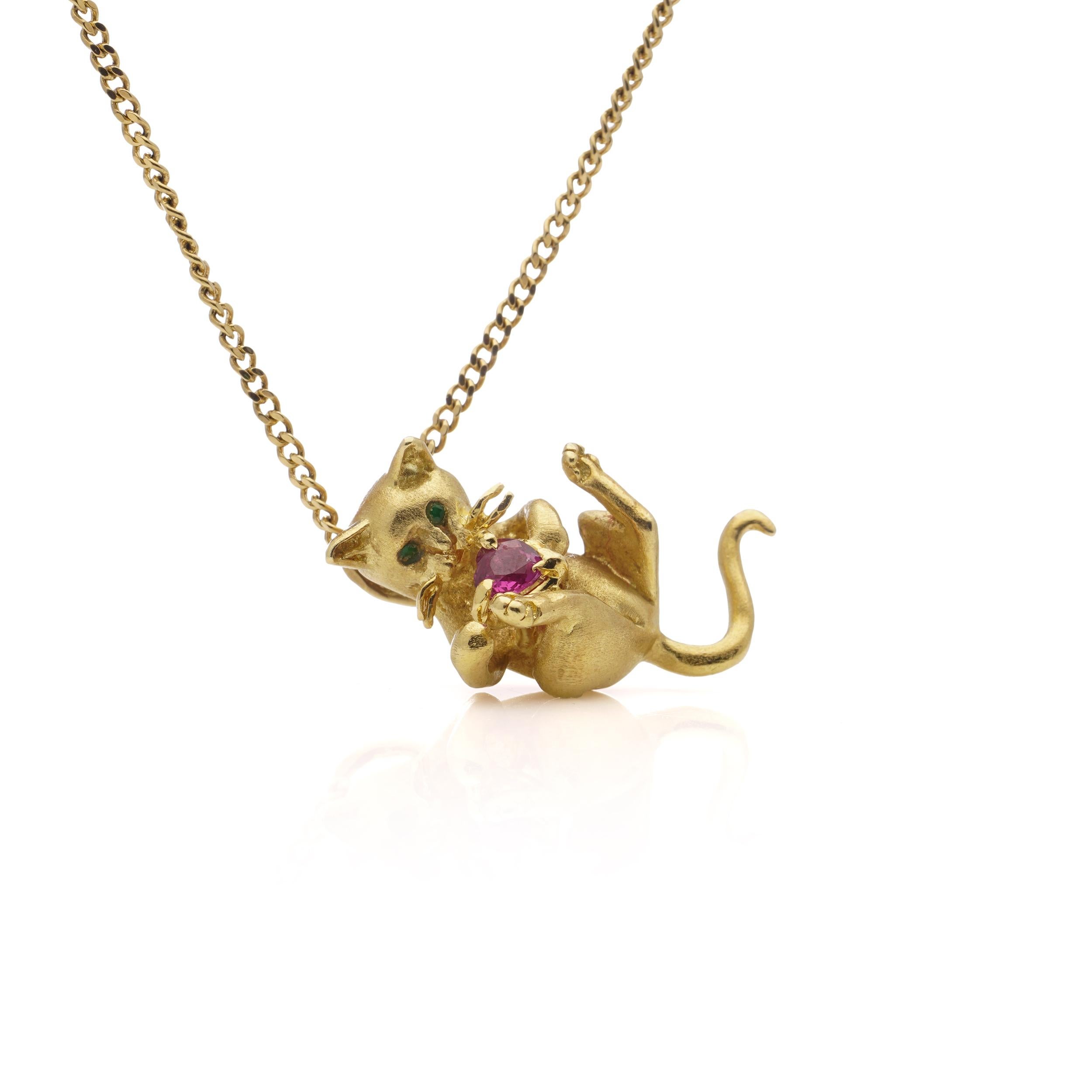 Women's Fred Paris 18kt. yellow gold chain necklace with kitty holding ruby pendant