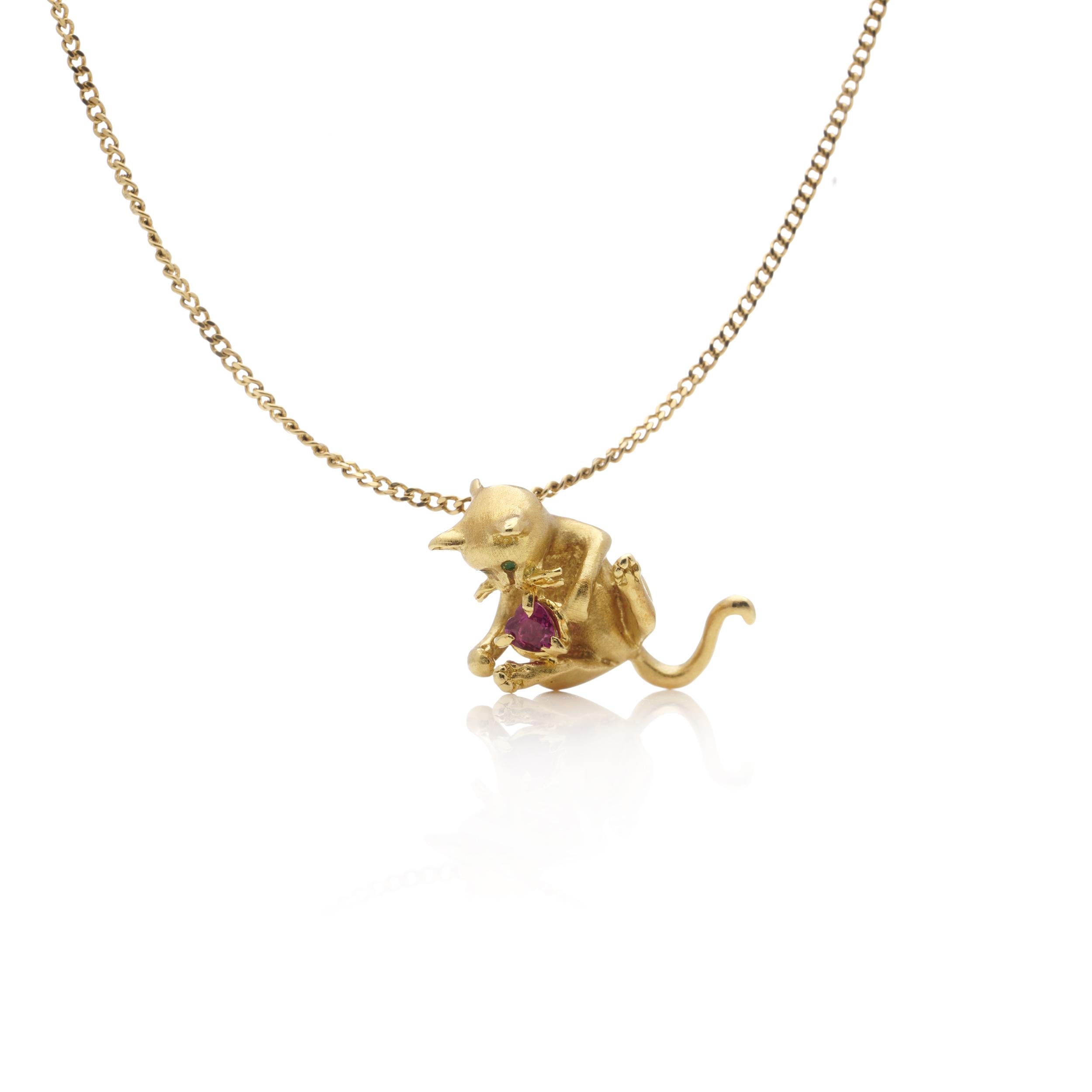 Fred Paris 18kt. yellow gold chain necklace with kitty holding ruby pendant 1