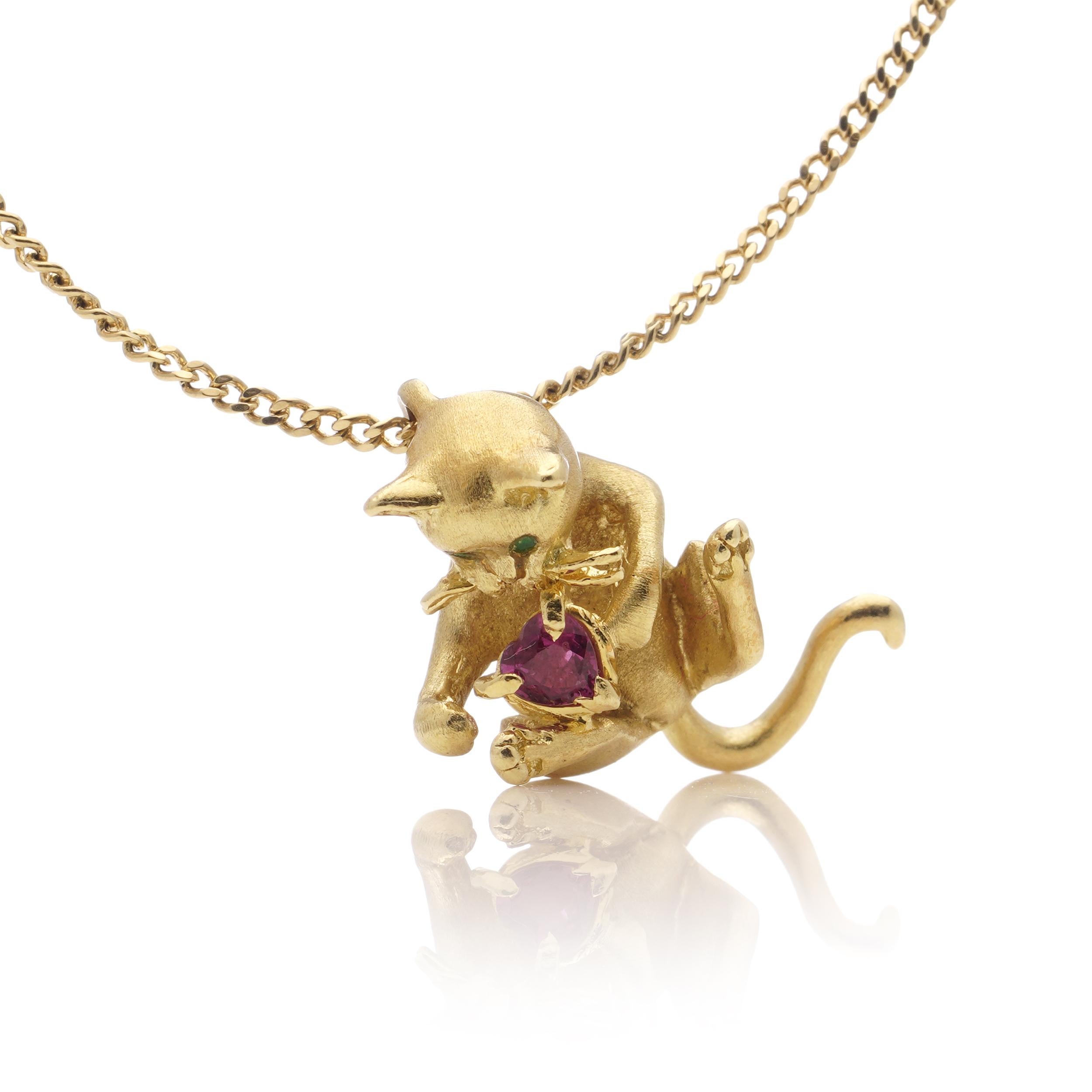 Fred Paris 18kt. yellow gold chain necklace with kitty holding ruby pendant 2